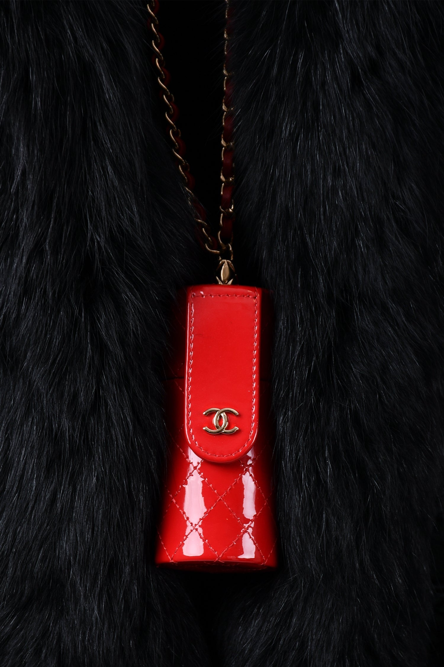 Chanel™ 2020 Red Patent Leather Quilted Lipstick Holder Necklace