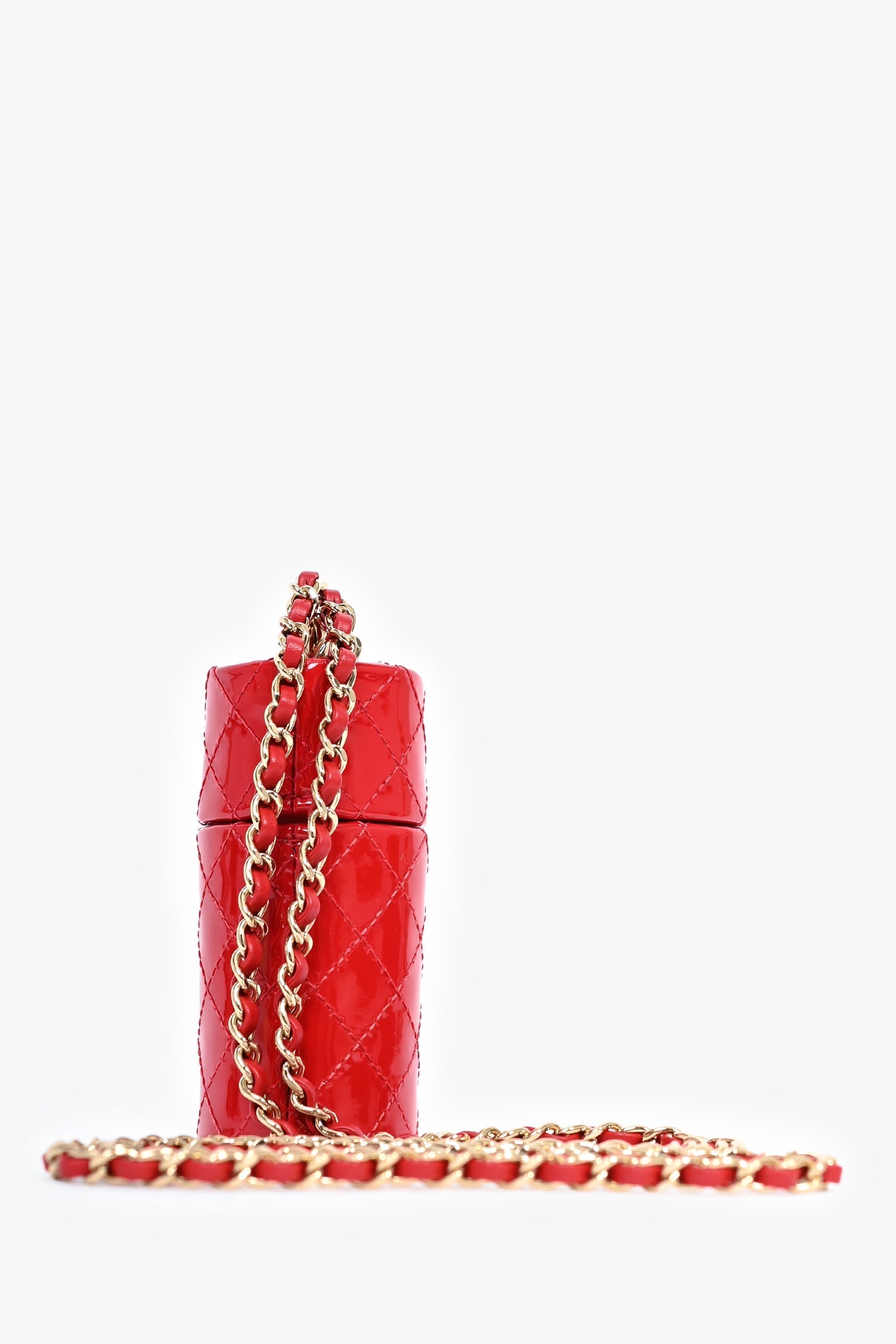 Chanel™ 2020 Red Patent Leather Quilted Lipstick Holder Necklace