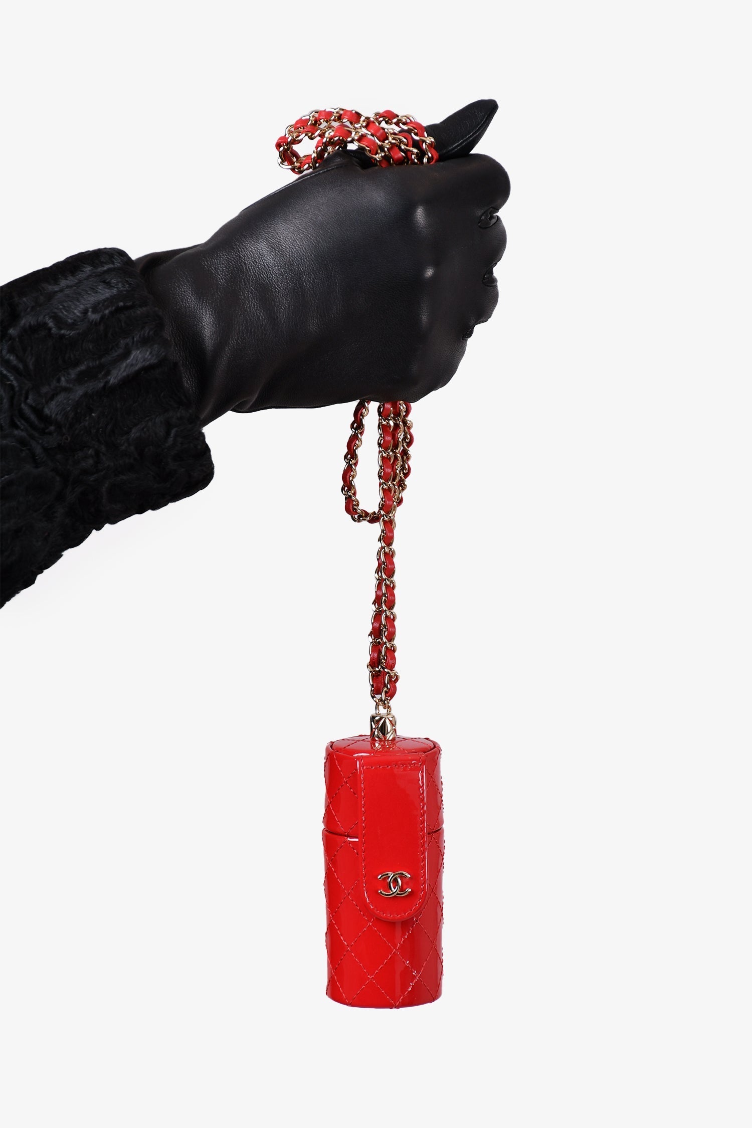 Chanel™ 2020 Red Patent Leather Quilted Lipstick Holder Necklace
