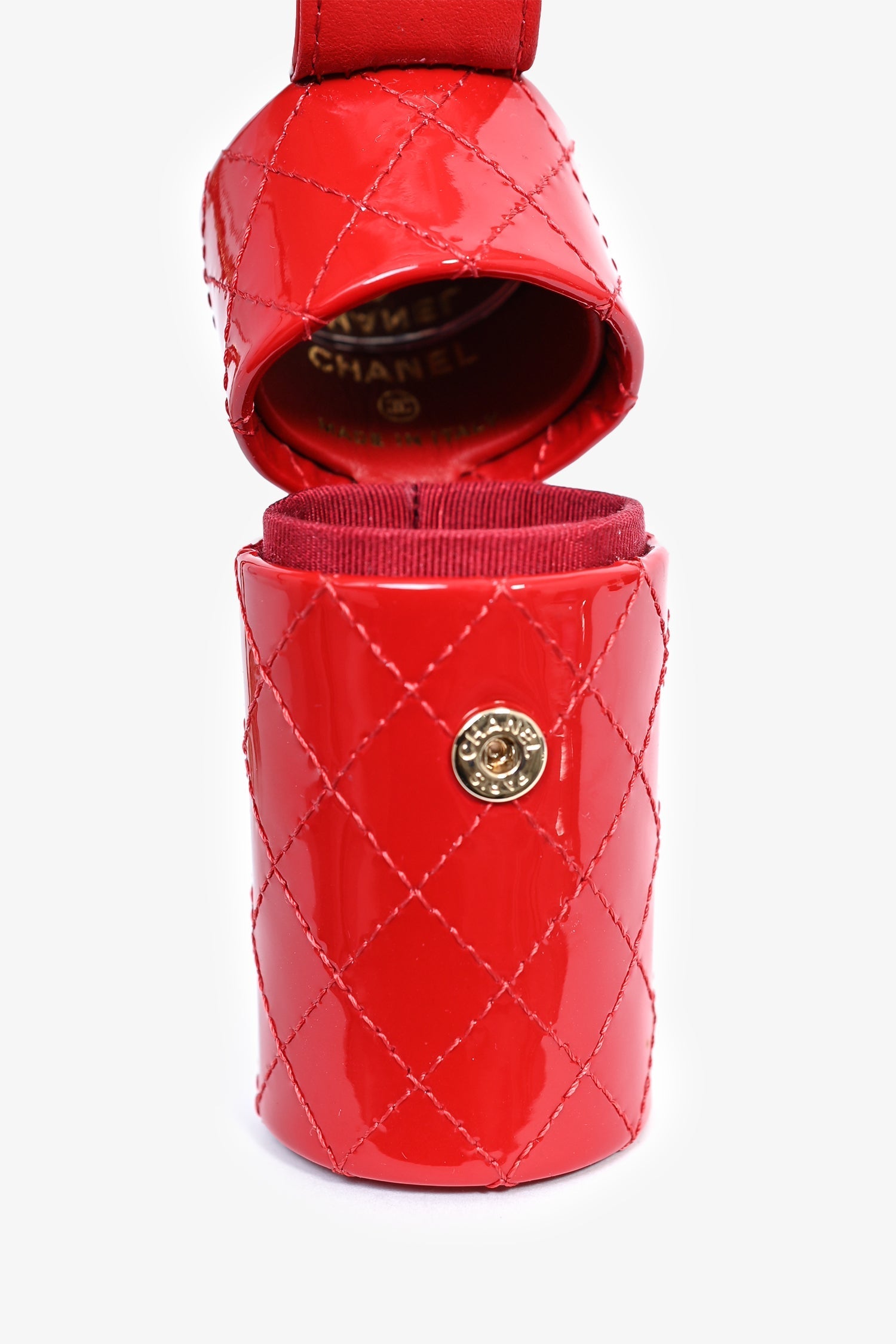 Chanel™ 2020 Red Patent Leather Quilted Lipstick Holder Necklace