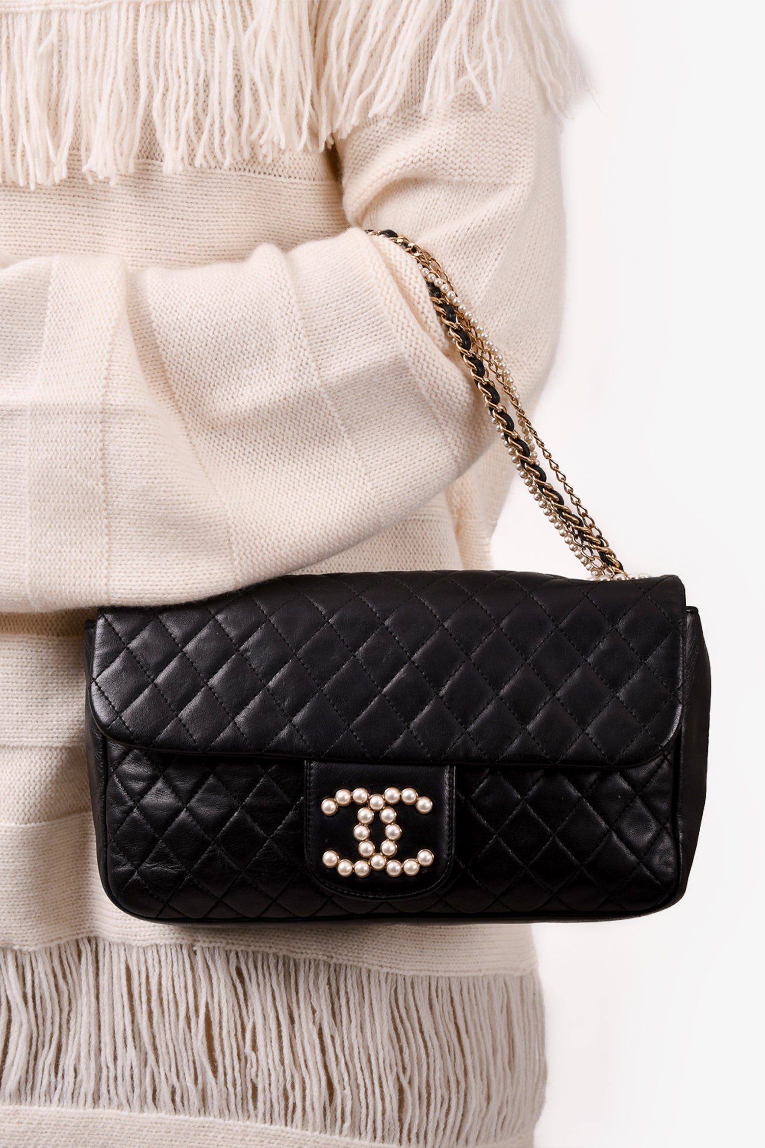 Chanel™ 2008/09 Black Quilted Lambskin Westminster Pearl Strap CC Flap Bag