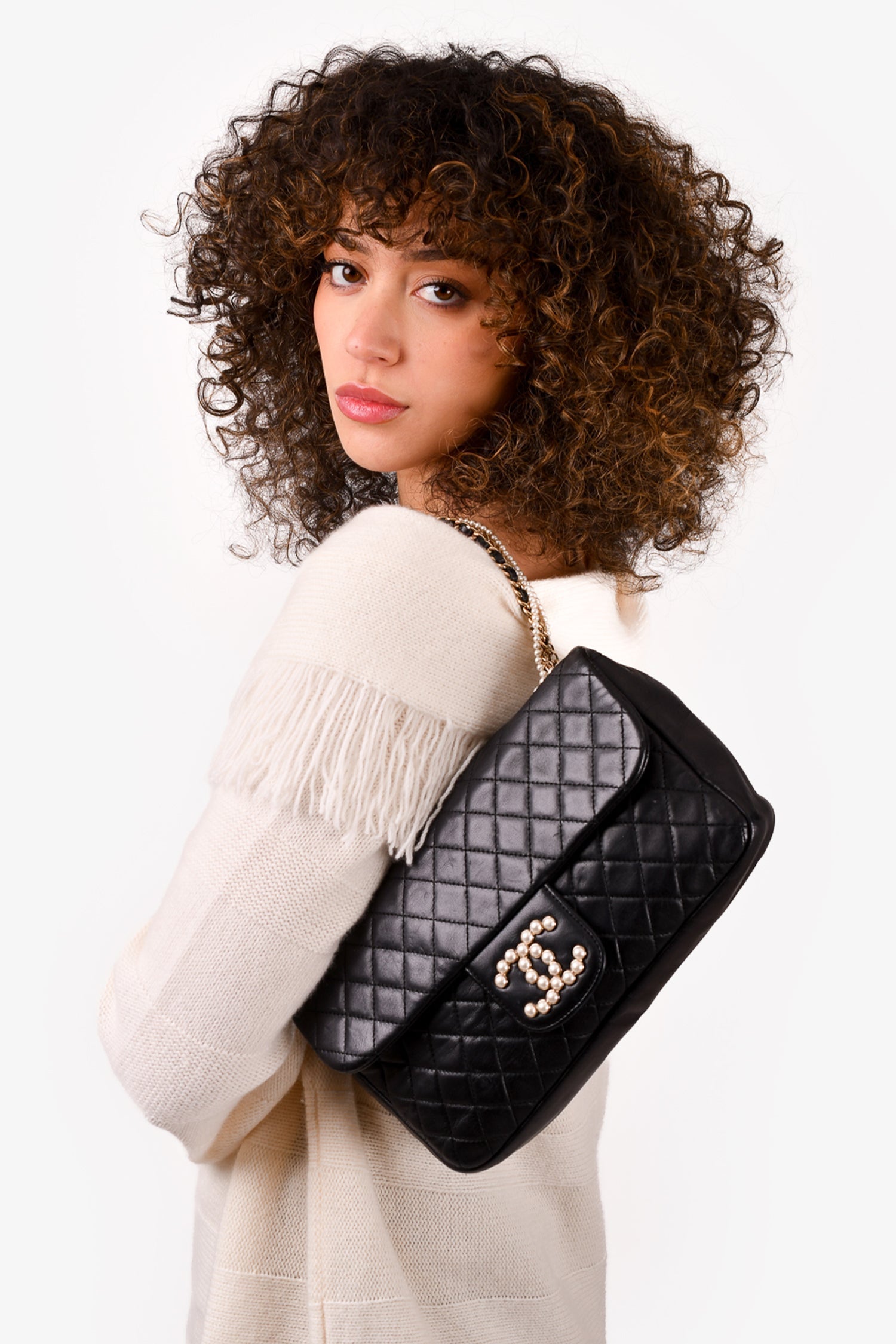 Chanel™ 2008/09 Black Quilted Lambskin Westminster Pearl Strap CC Flap Bag