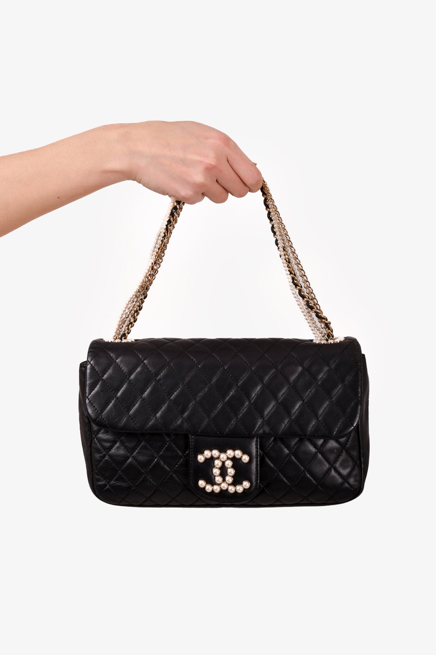 Chanel™ 2008/09 Black Quilted Lambskin Westminster Pearl Strap CC Flap Bag