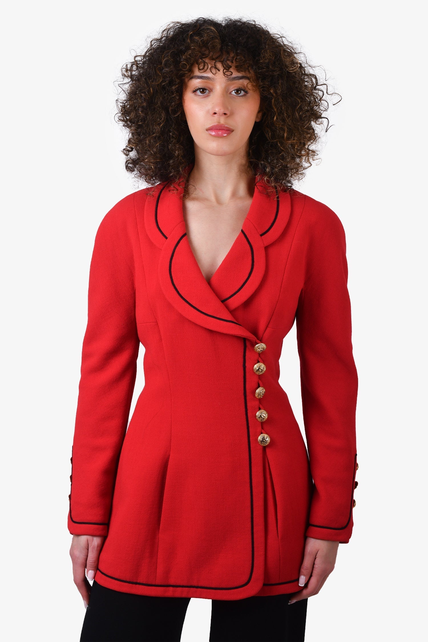 Chanel™ 1990 Red Scalloped Collar Double Breasted Blazer with Gold Buttons Size 38