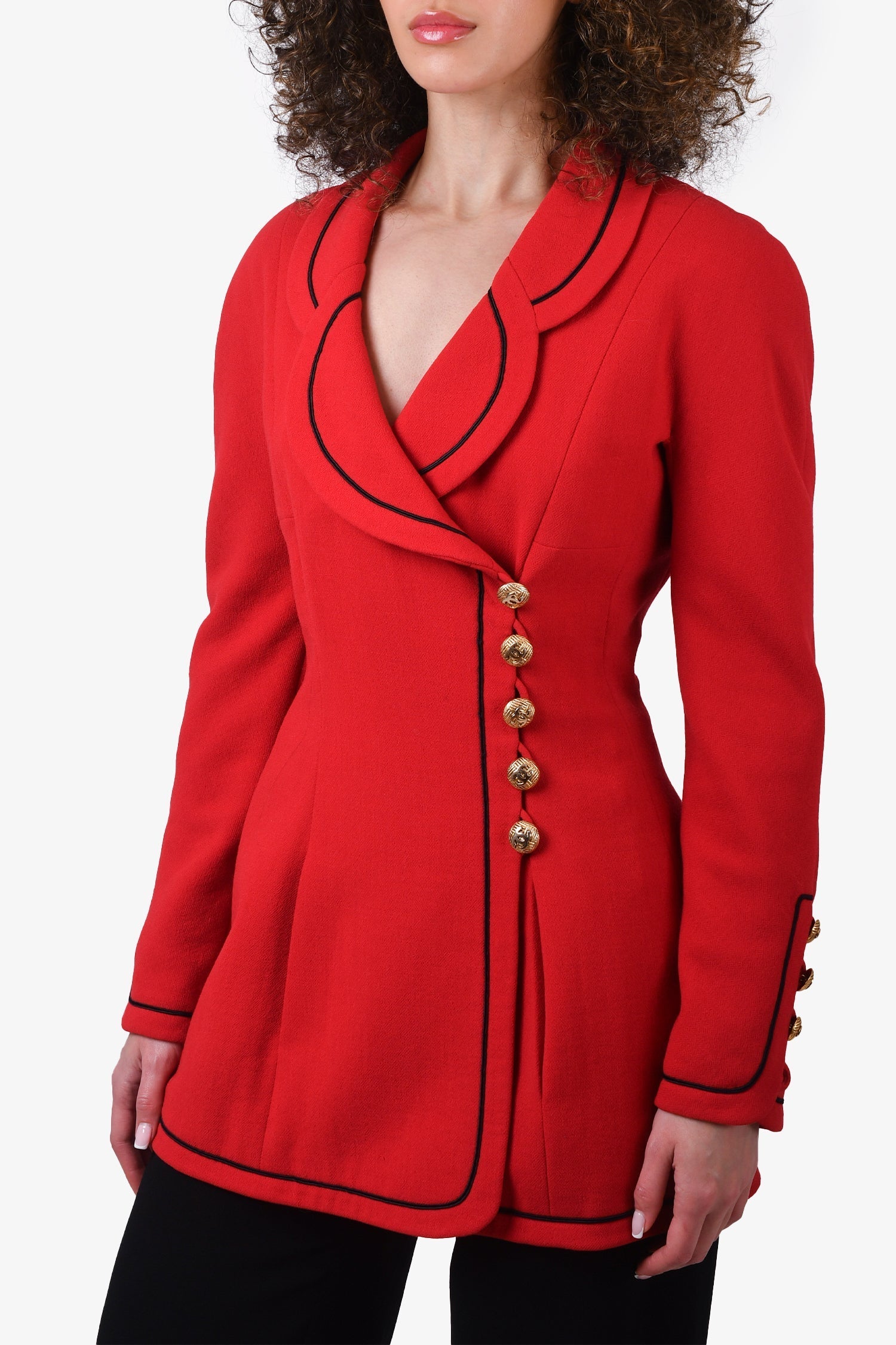 Chanel™ 1990 Red Scalloped Collar Double Breasted Blazer with Gold Buttons Size 38