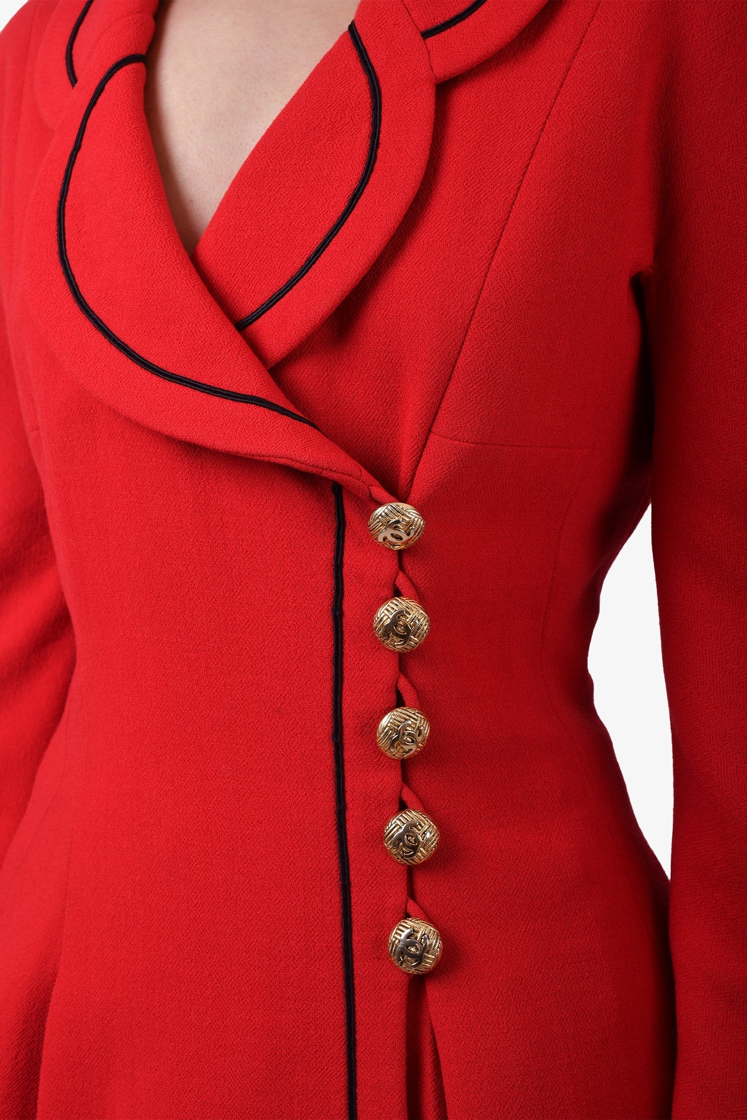 Chanel™ 1990 Red Scalloped Collar Double Breasted Blazer with Gold Buttons Size 38