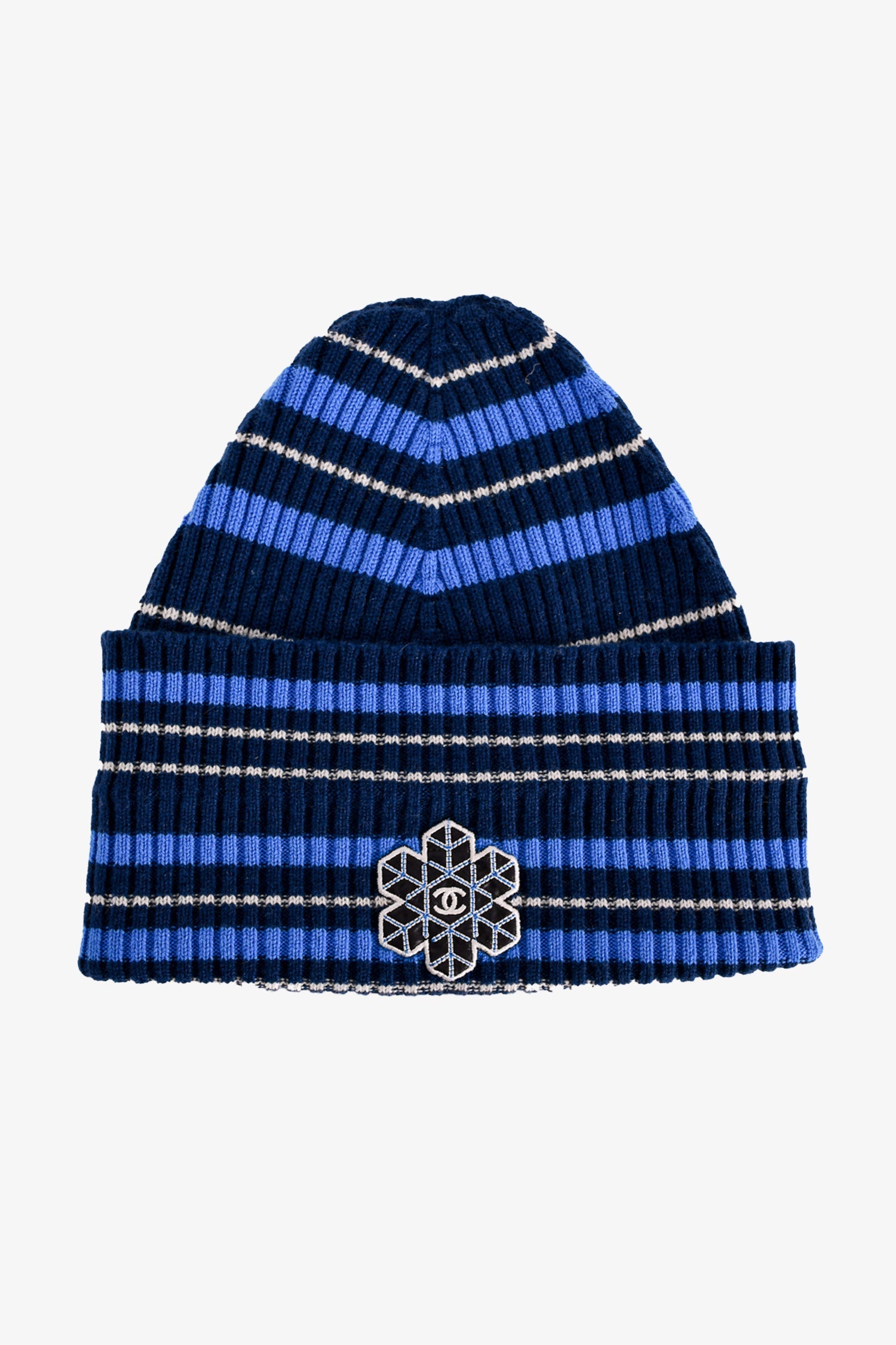 Chanel™ Blue Striped Cashmere Snowflake CC Logo Toque Size L