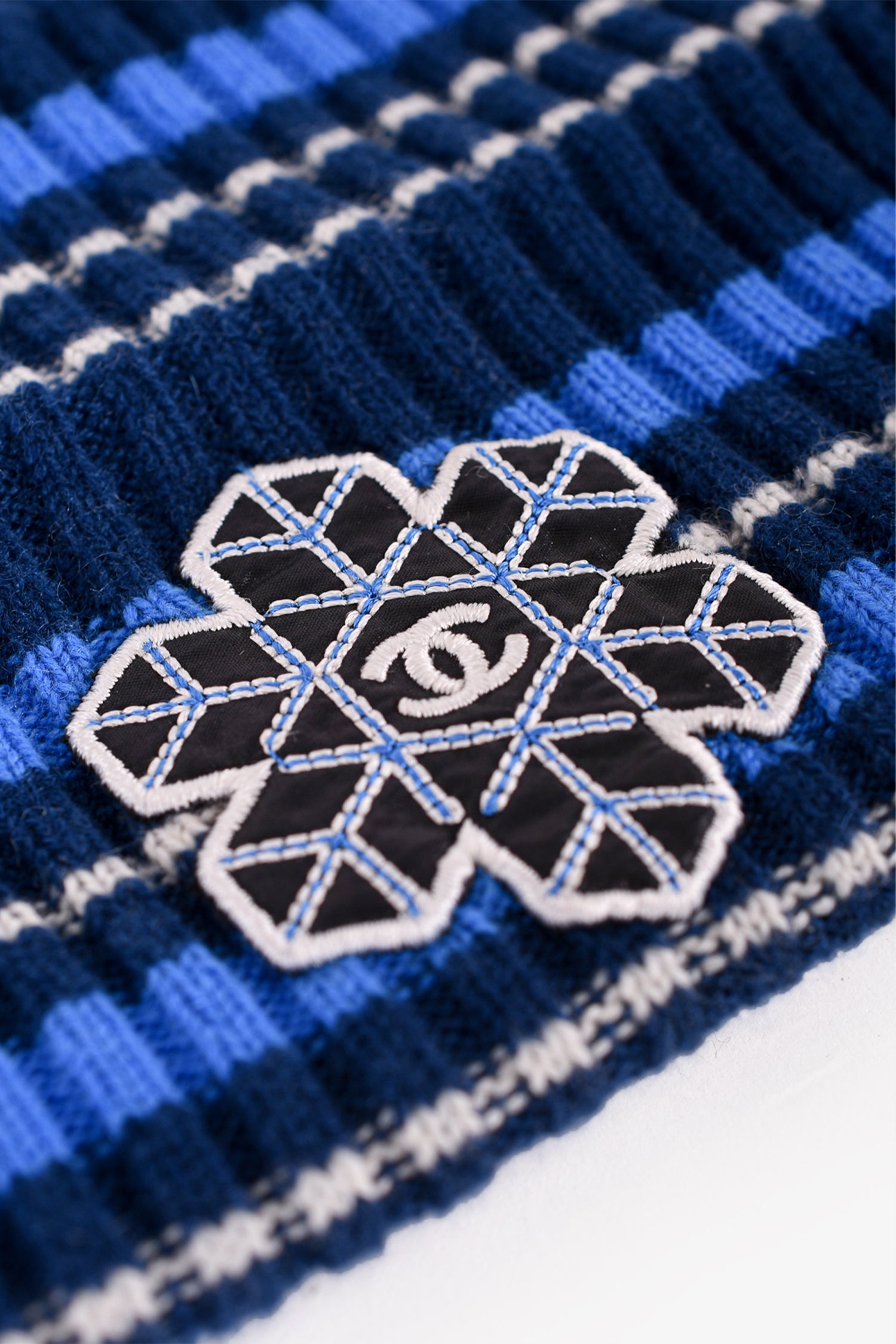 Chanel™ Blue Striped Cashmere Snowflake CC Logo Toque Size L