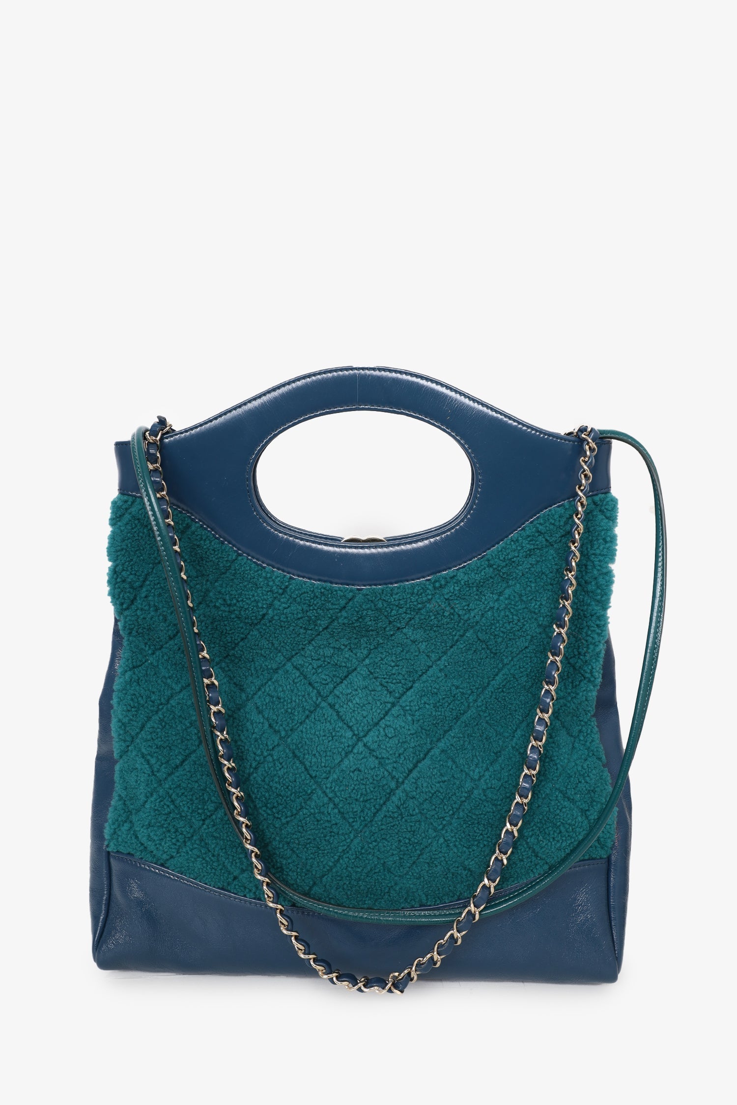Chanel™ 2019 Blue/Green Quilted Shearling/Leather 31 Shopping Bag