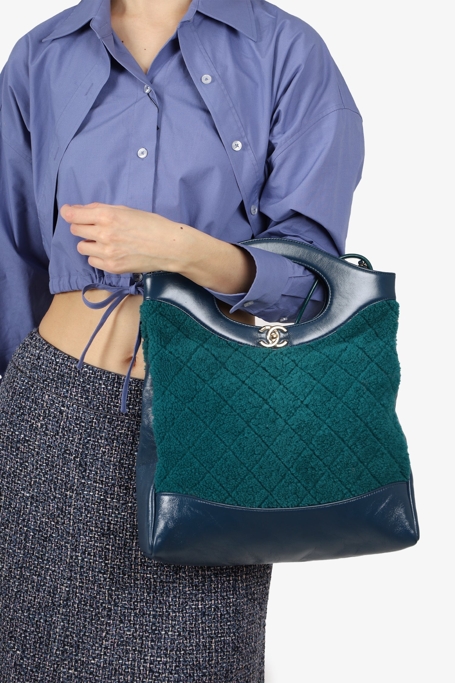 Chanel™ 2019 Blue/Green Quilted Shearling/Leather 31 Shopping Bag