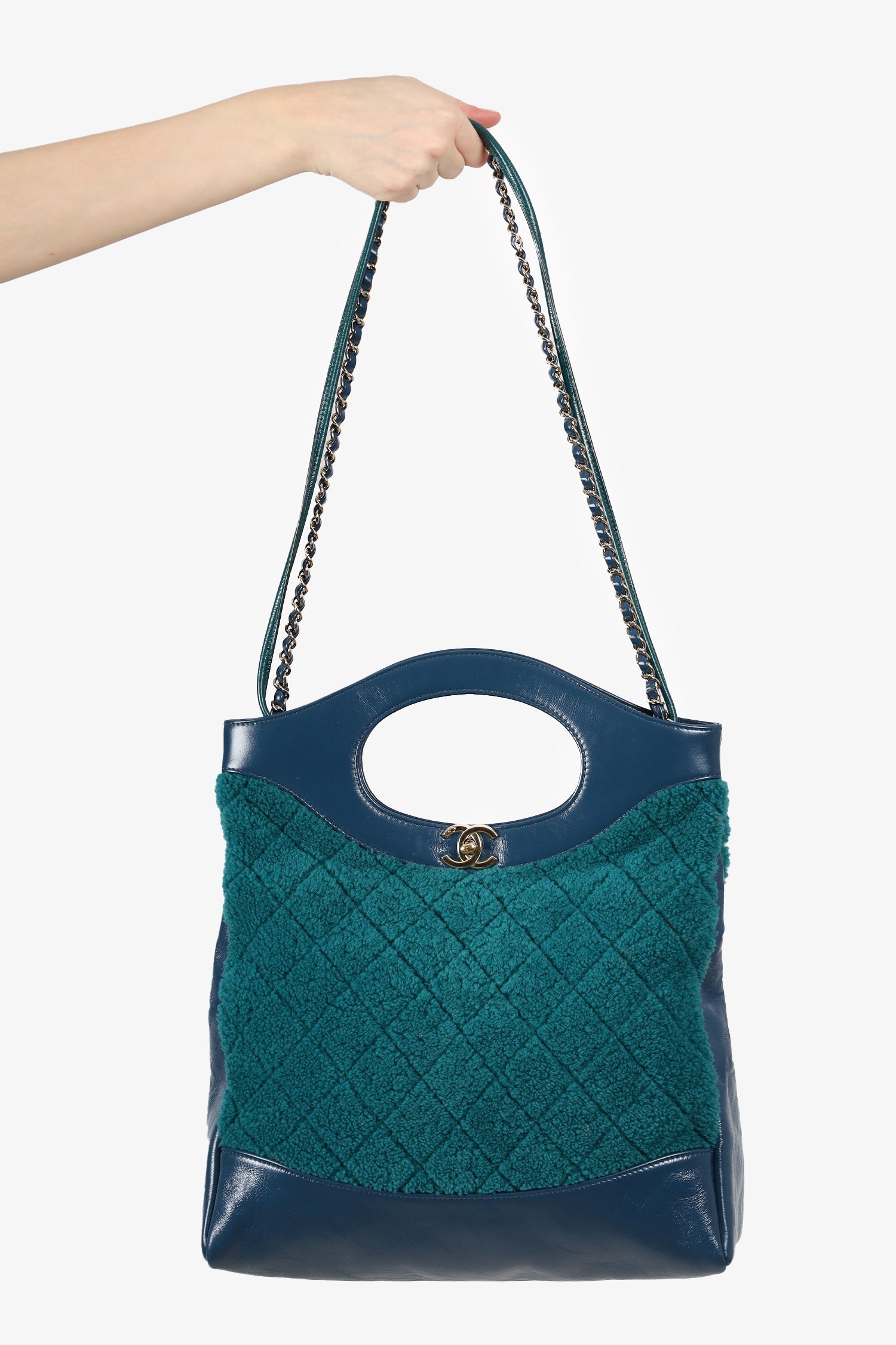 Chanel™ 2019 Blue/Green Quilted Shearling/Leather 31 Shopping Bag
