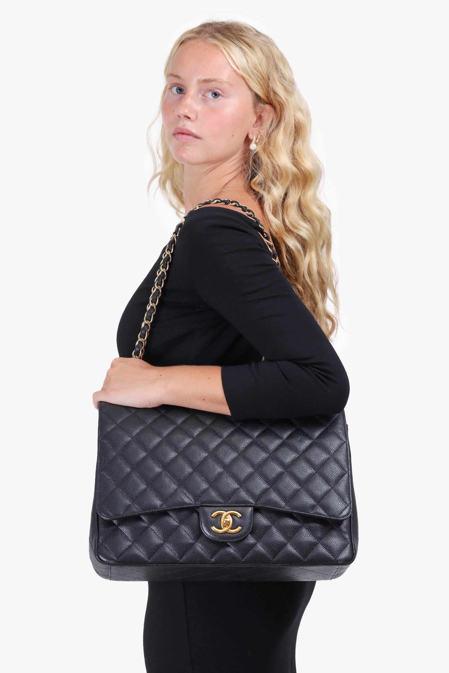 Chanel™ 2017 Black Caviar Leather Maxi Double Flap Bag