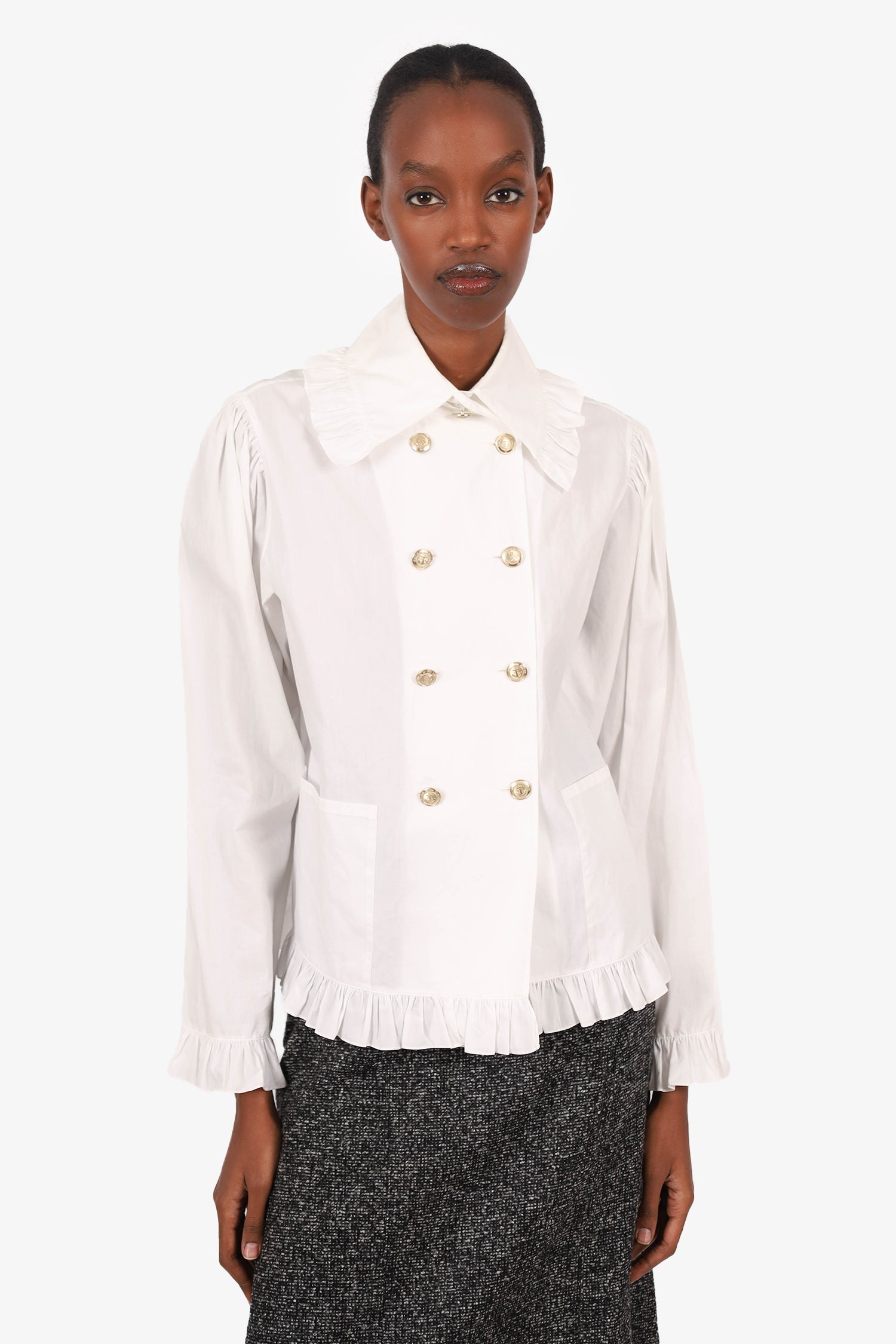 Chanel™ White Ruffle Hem Anchor Button Detail Blouse Size 36
