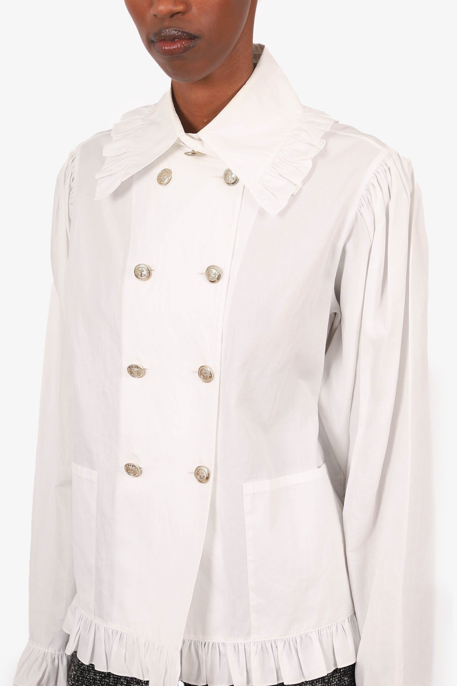 Chanel™ White Ruffle Hem Anchor Button Detail Blouse Size 36