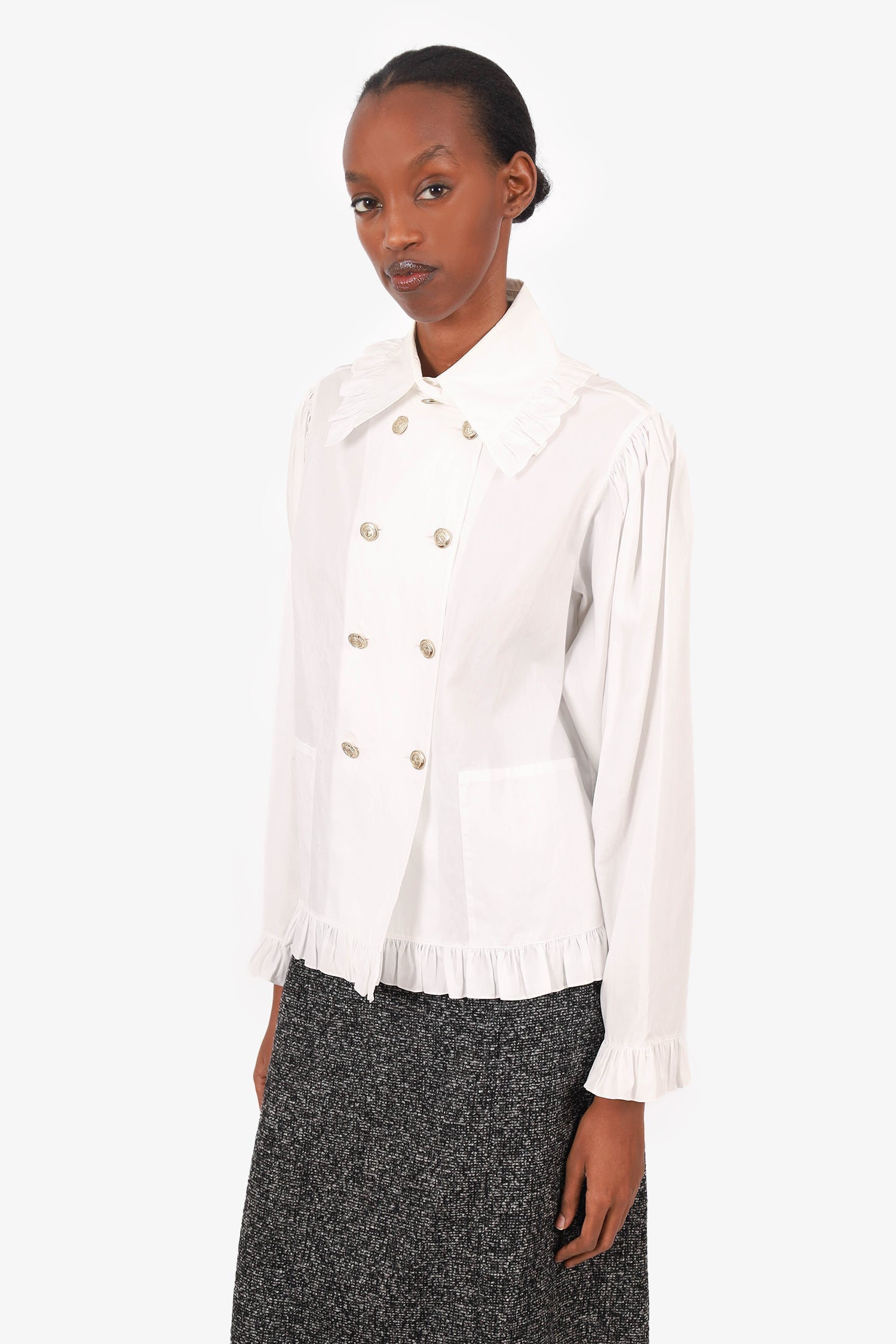Chanel™ White Ruffle Hem Anchor Button Detail Blouse Size 36