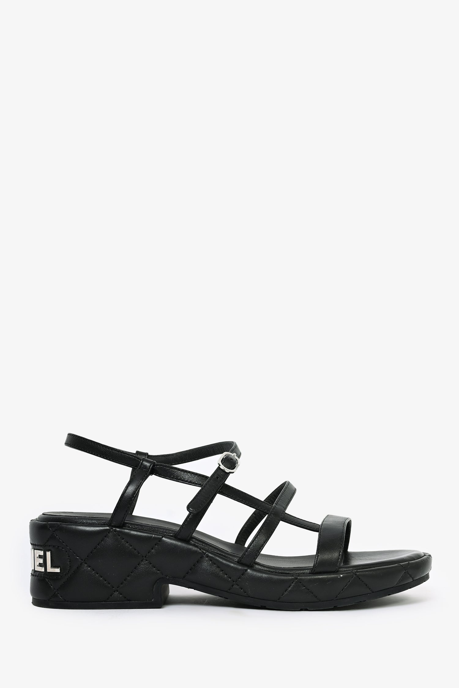 Chanel™ Black Quilted Lambskin Platform Sandals with Silver Logo Size 37