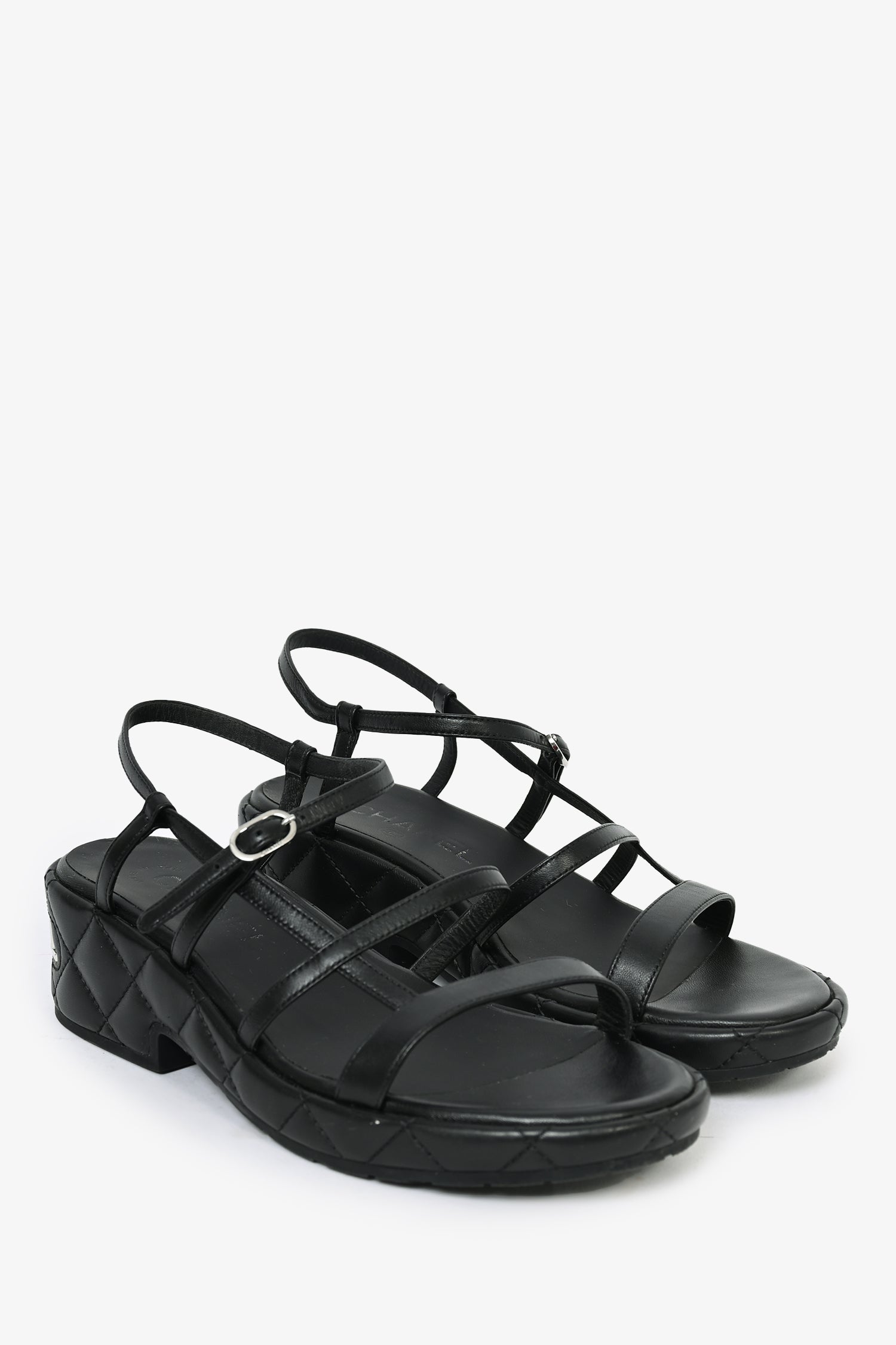 Chanel™ Black Quilted Lambskin Platform Sandals with Silver Logo Size 37
