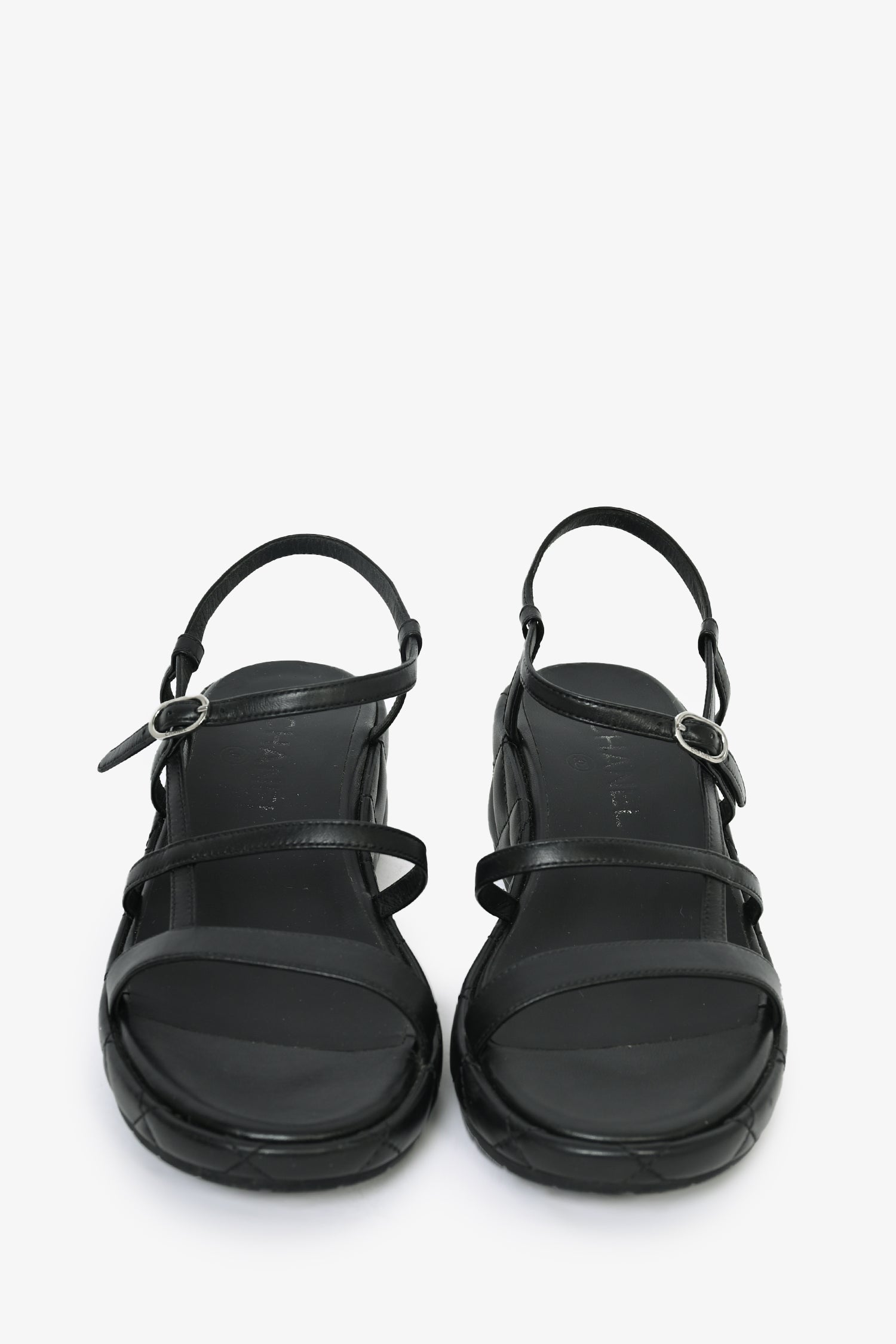 Chanel™ Black Quilted Lambskin Platform Sandals with Silver Logo Size 37