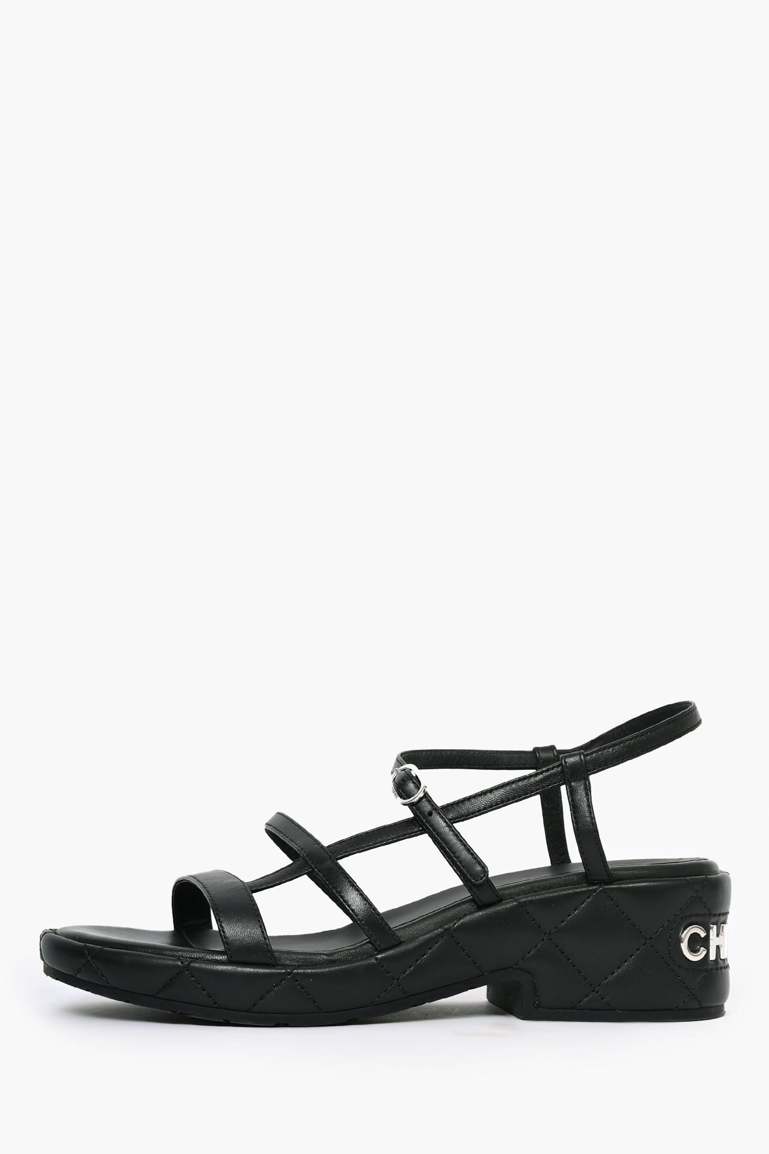 Chanel™ Black Quilted Lambskin Platform Sandals with Silver Logo Size 37