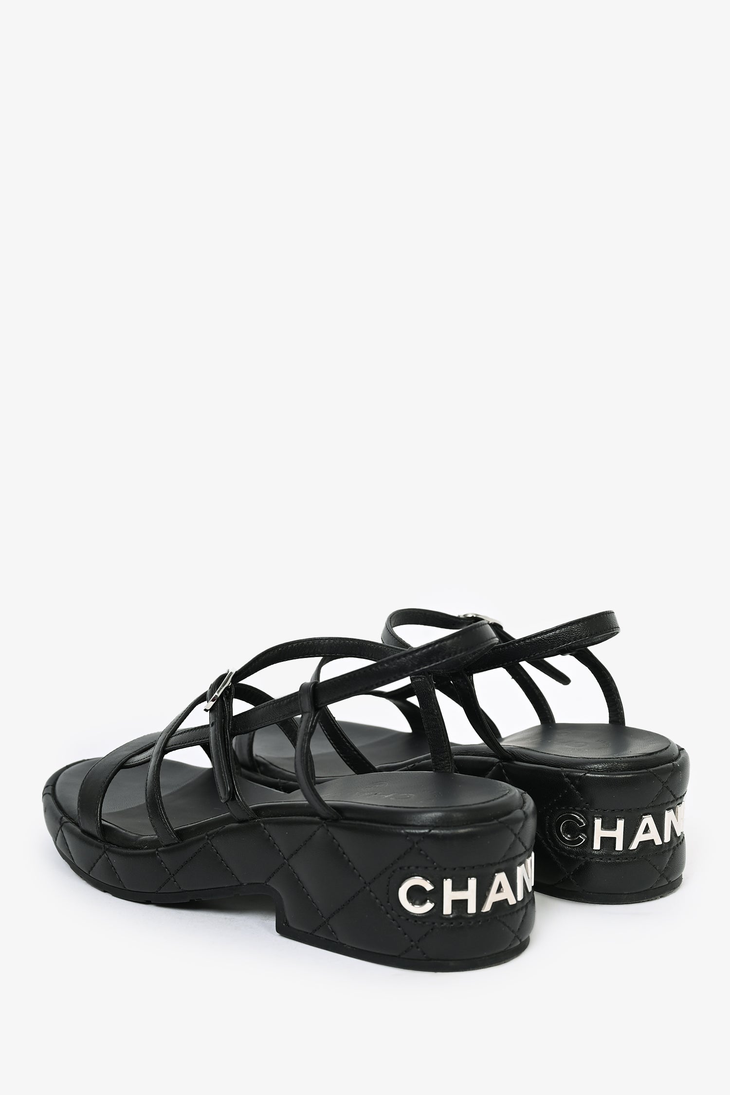 Chanel™ Black Quilted Lambskin Platform Sandals with Silver Logo Size 37