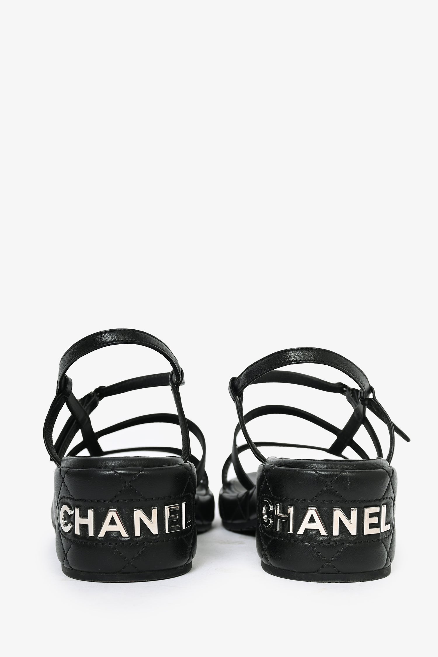 Chanel™ Black Quilted Lambskin Platform Sandals with Silver Logo Size 37