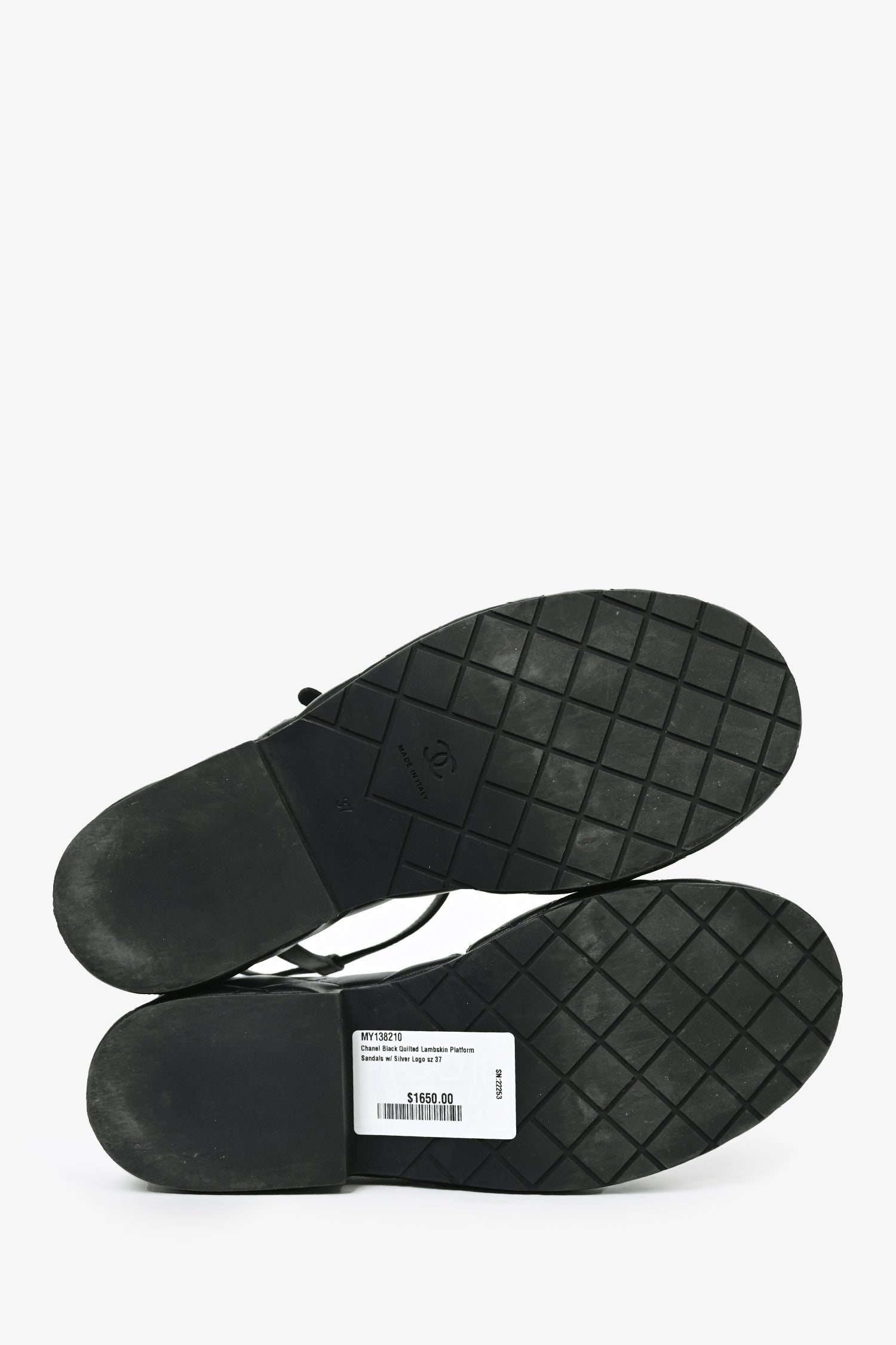 Chanel™ Black Quilted Lambskin Platform Sandals with Silver Logo Size 37
