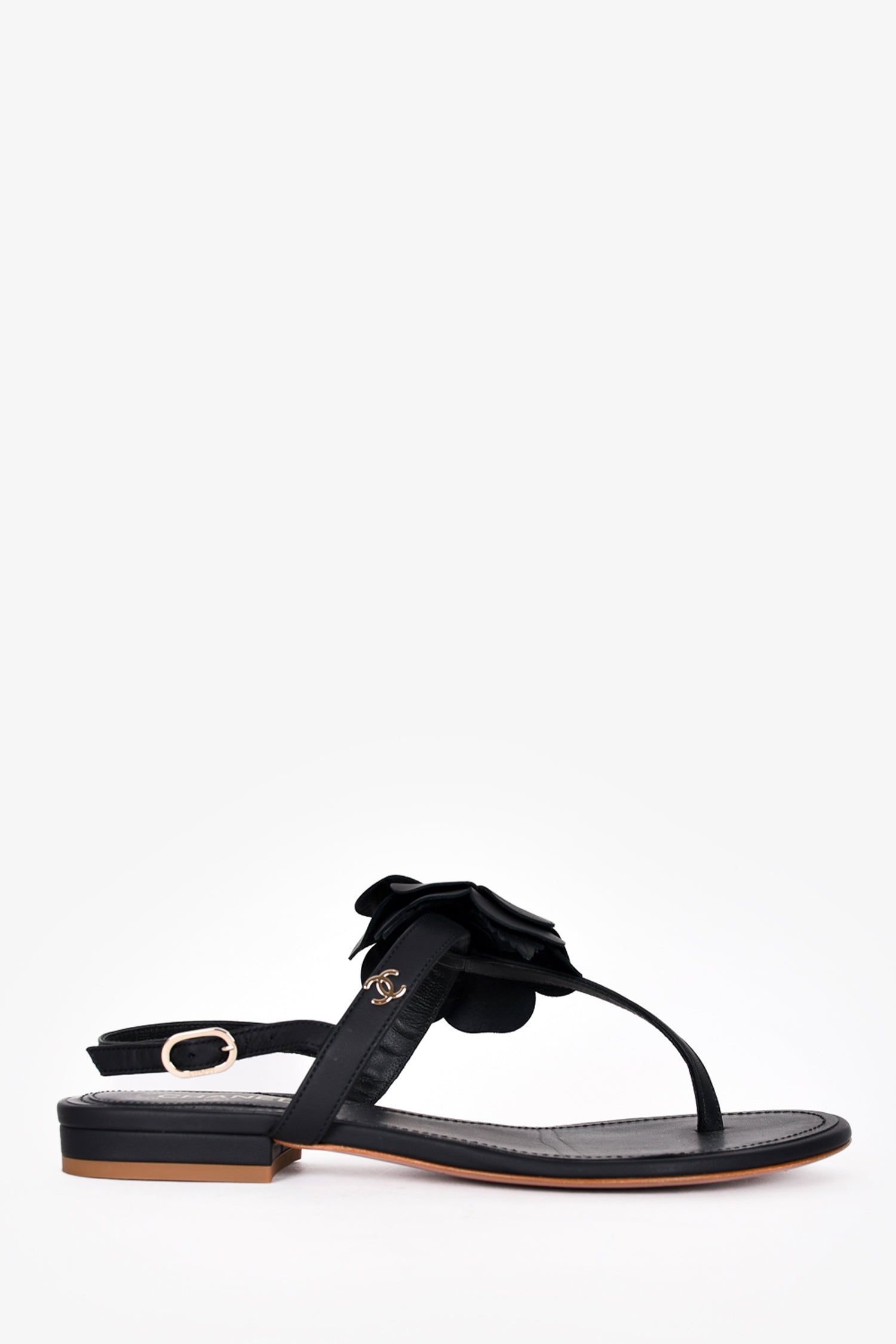 Chanel™ Black Leather Camellia T-Strap Sandals Size 35.5