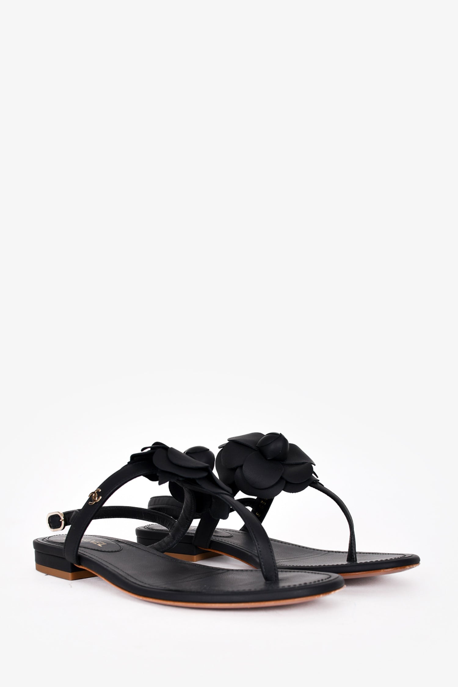 Chanel™ Black Leather Camellia T-Strap Sandals Size 35.5