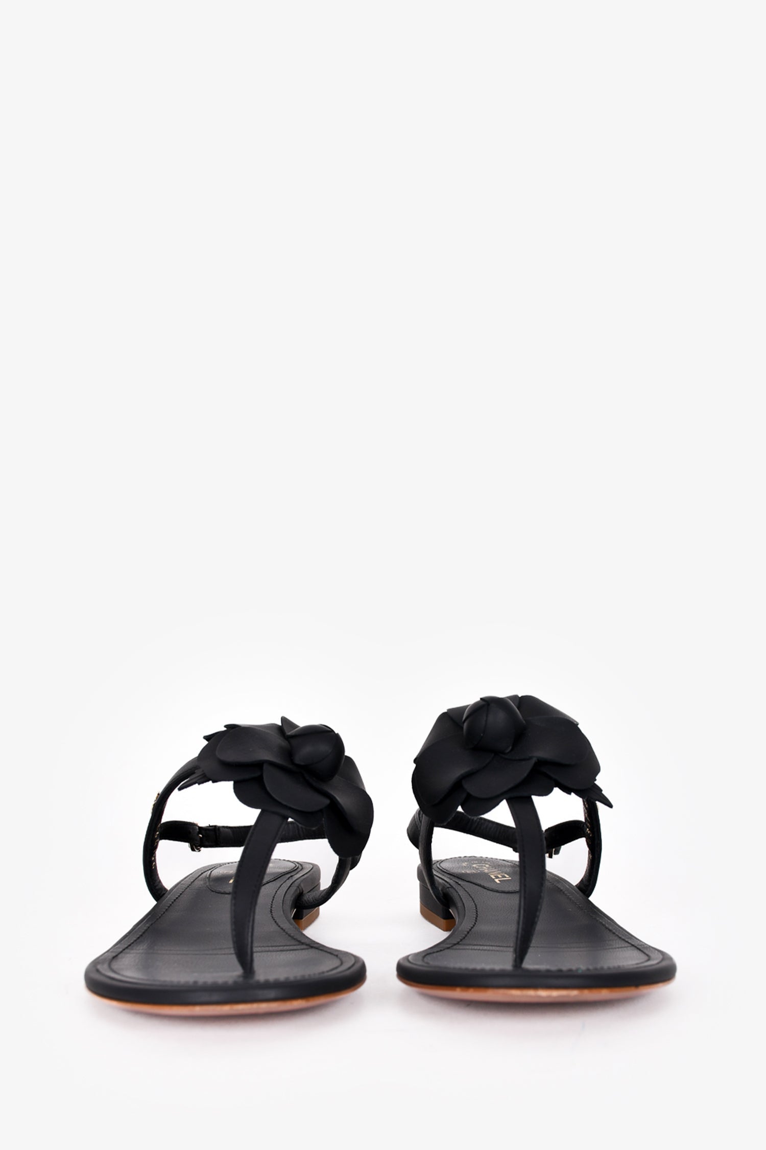 Chanel™ Black Leather Camellia T-Strap Sandals Size 35.5