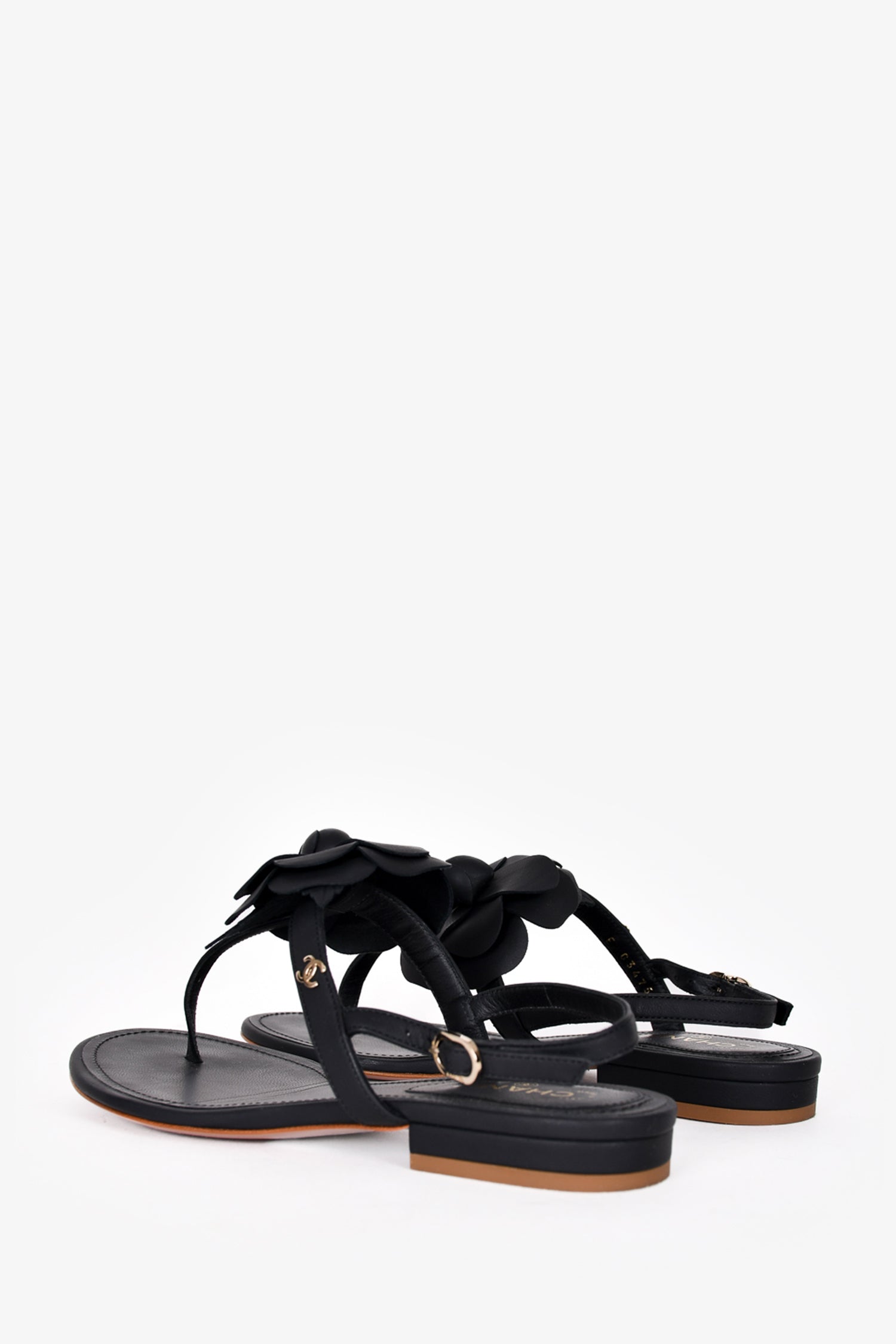 Chanel™ Black Leather Camellia T-Strap Sandals Size 35.5