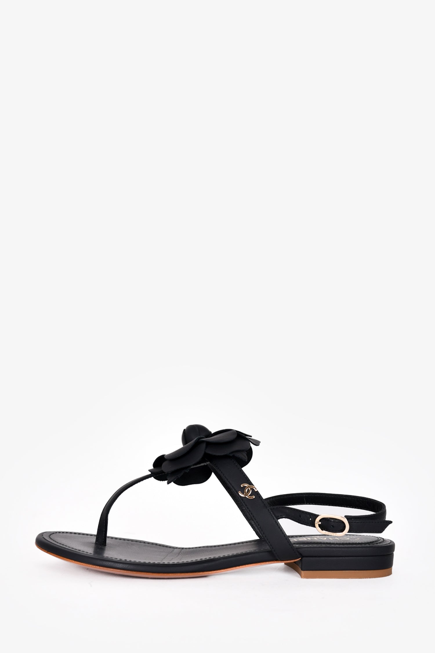 Chanel™ Black Leather Camellia T-Strap Sandals Size 35.5