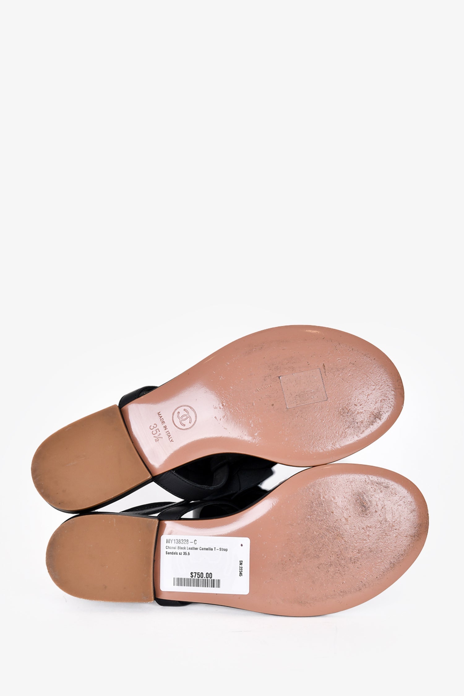 Chanel™ Black Leather Camellia T-Strap Sandals Size 35.5