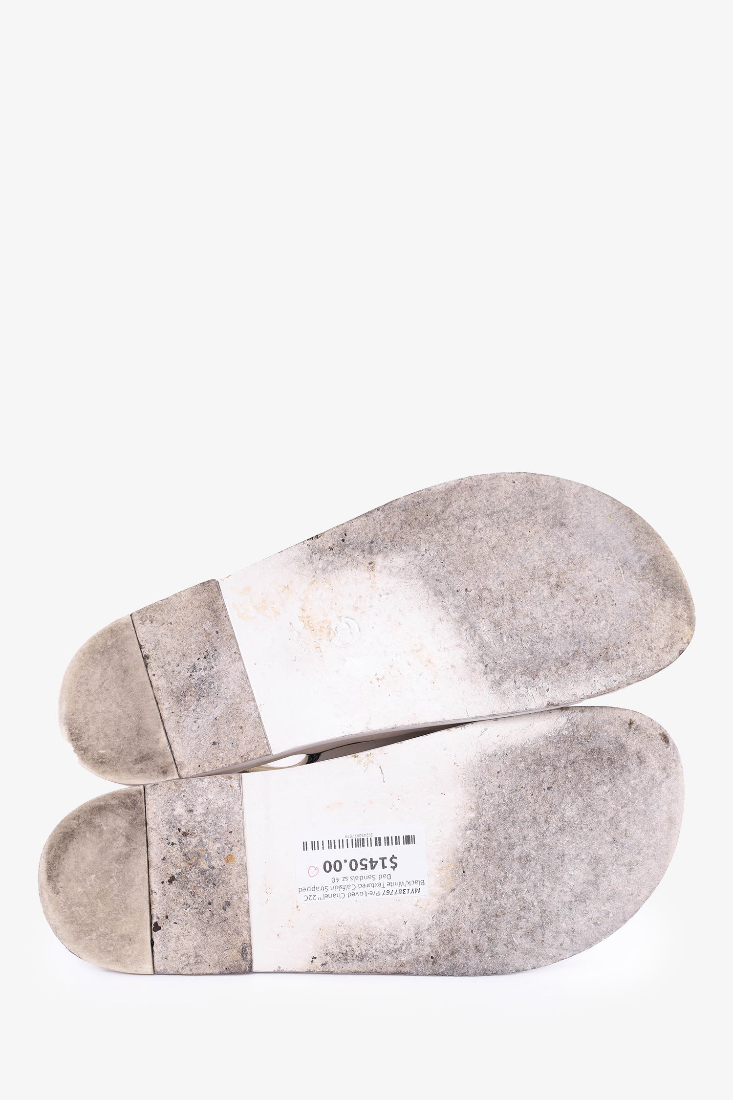 Chanel™ 22C Black/White Textured Calfskin Strapped Dad Sandals Size 40