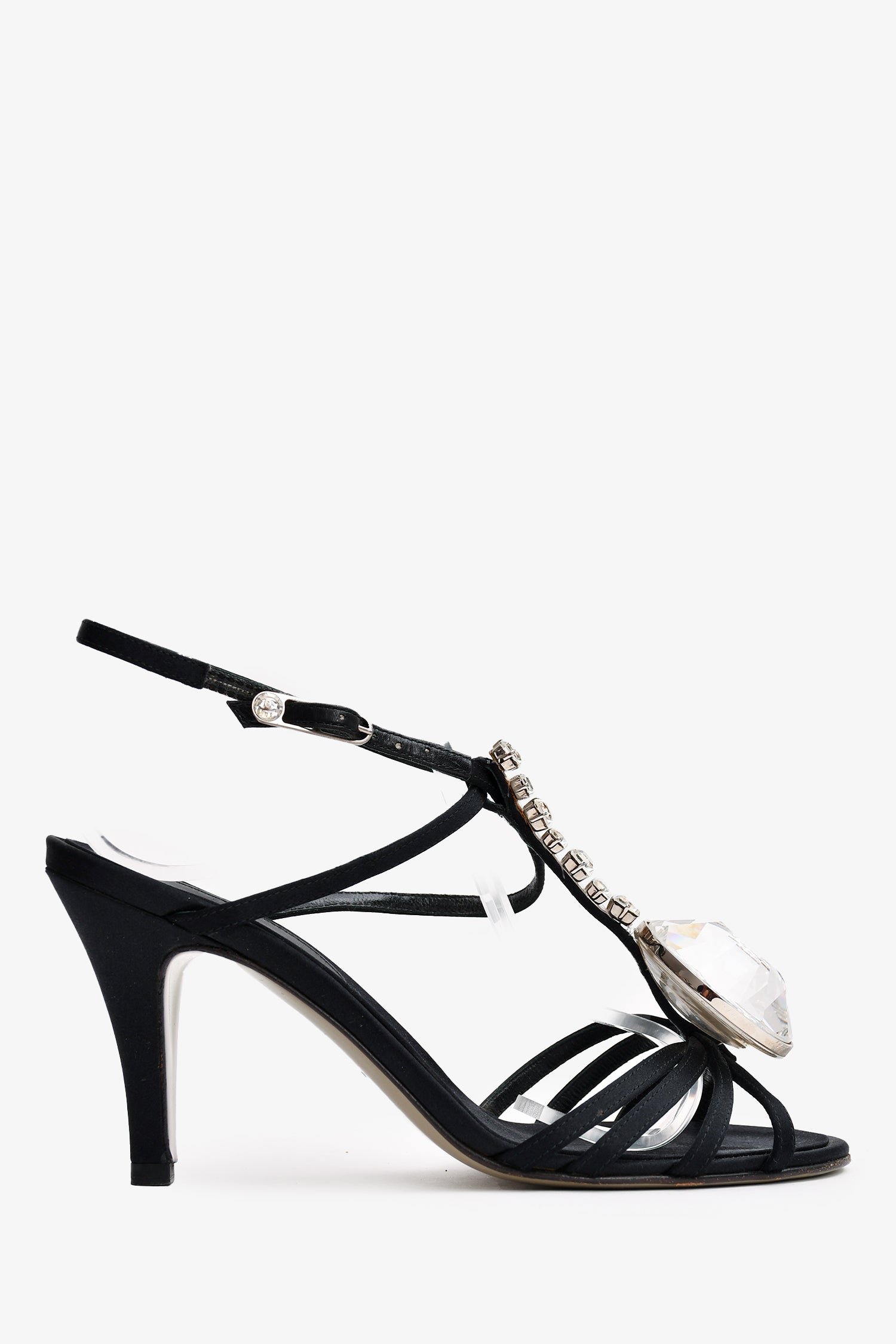 Chanel™ Vintage Black Satin Diamante Heeled Sandals Size 37 (As Is)