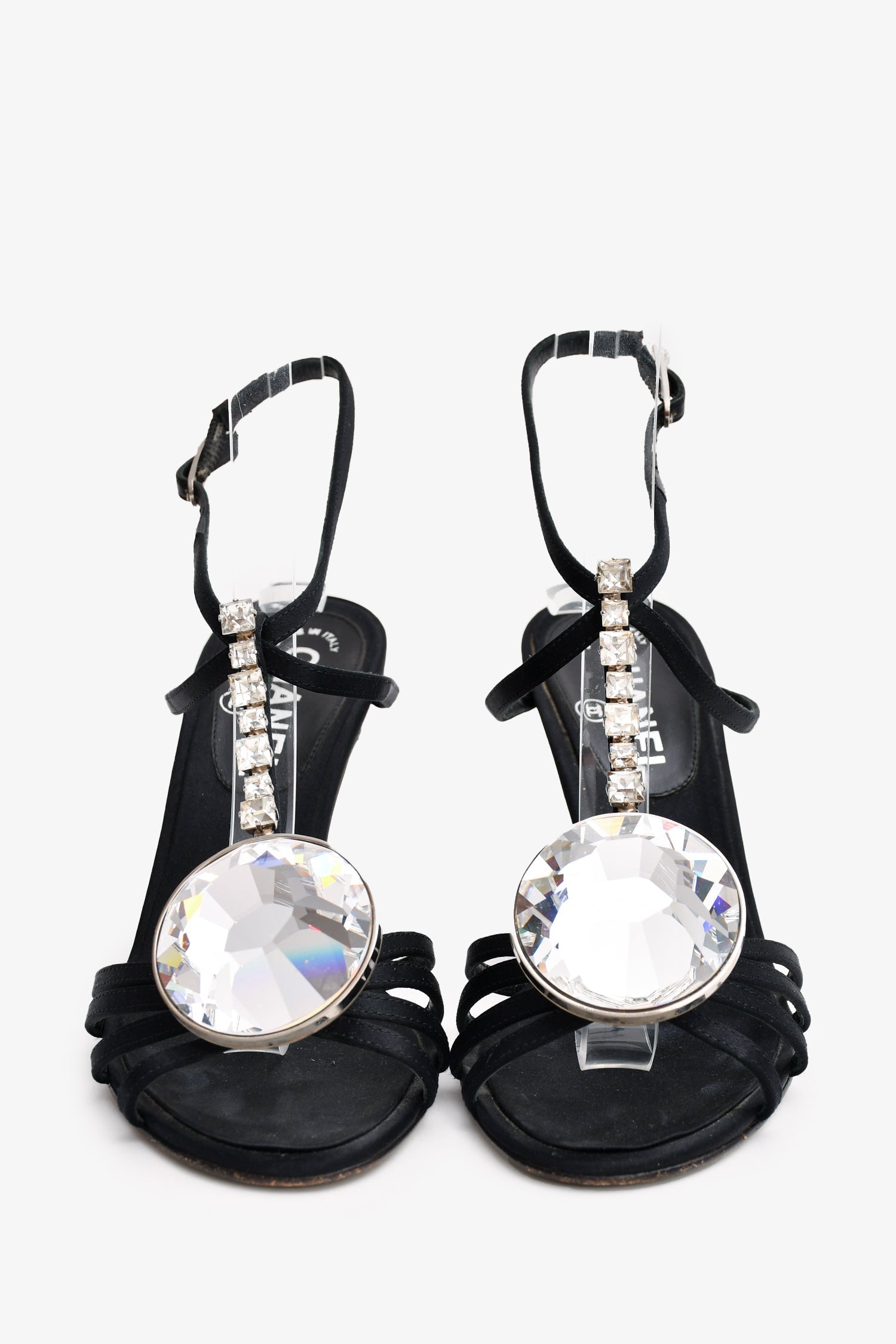 Chanel™ Vintage Black Satin Diamante Heeled Sandals Size 37 (As Is)