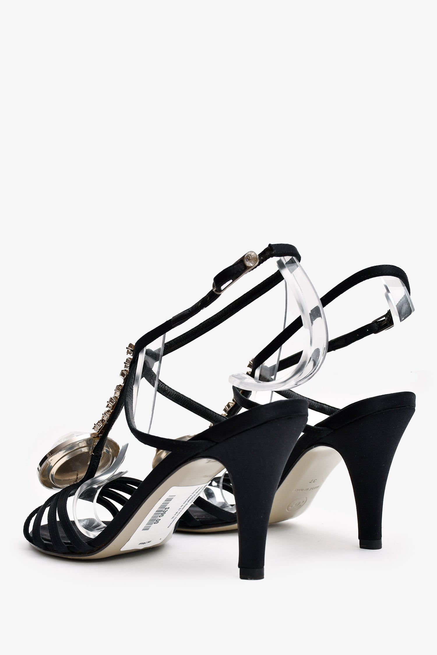 Chanel™ Vintage Black Satin Diamante Heeled Sandals Size 37 (As Is)