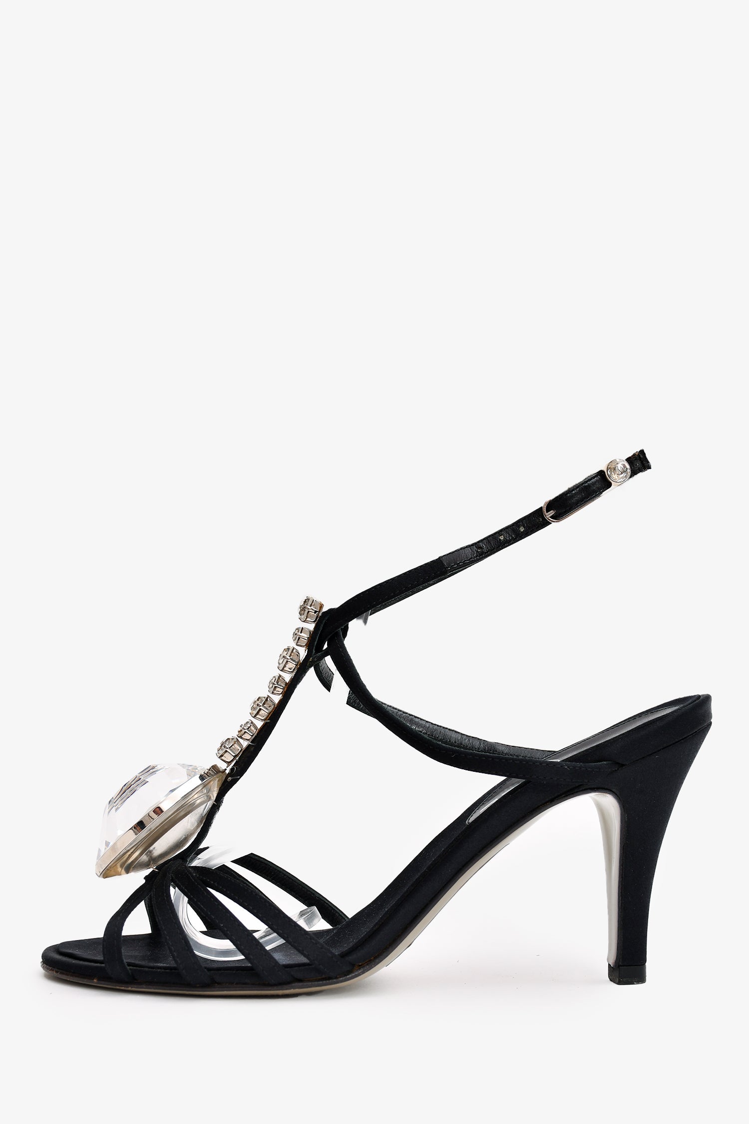 Chanel™ Vintage Black Satin Diamante Heeled Sandals Size 37 (As Is)