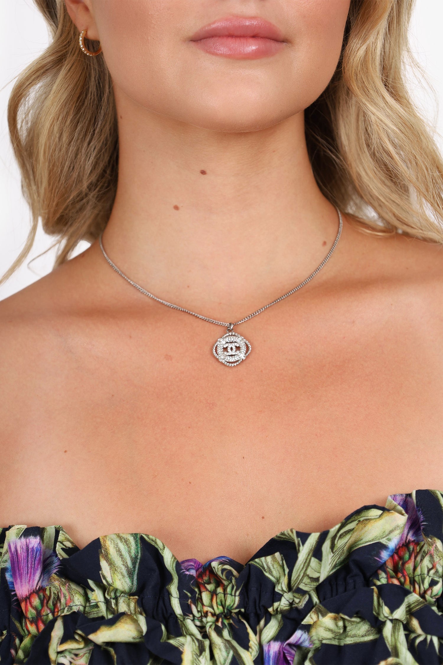 Chanel™ Silver Tone Crystal CC Life Float Necklace