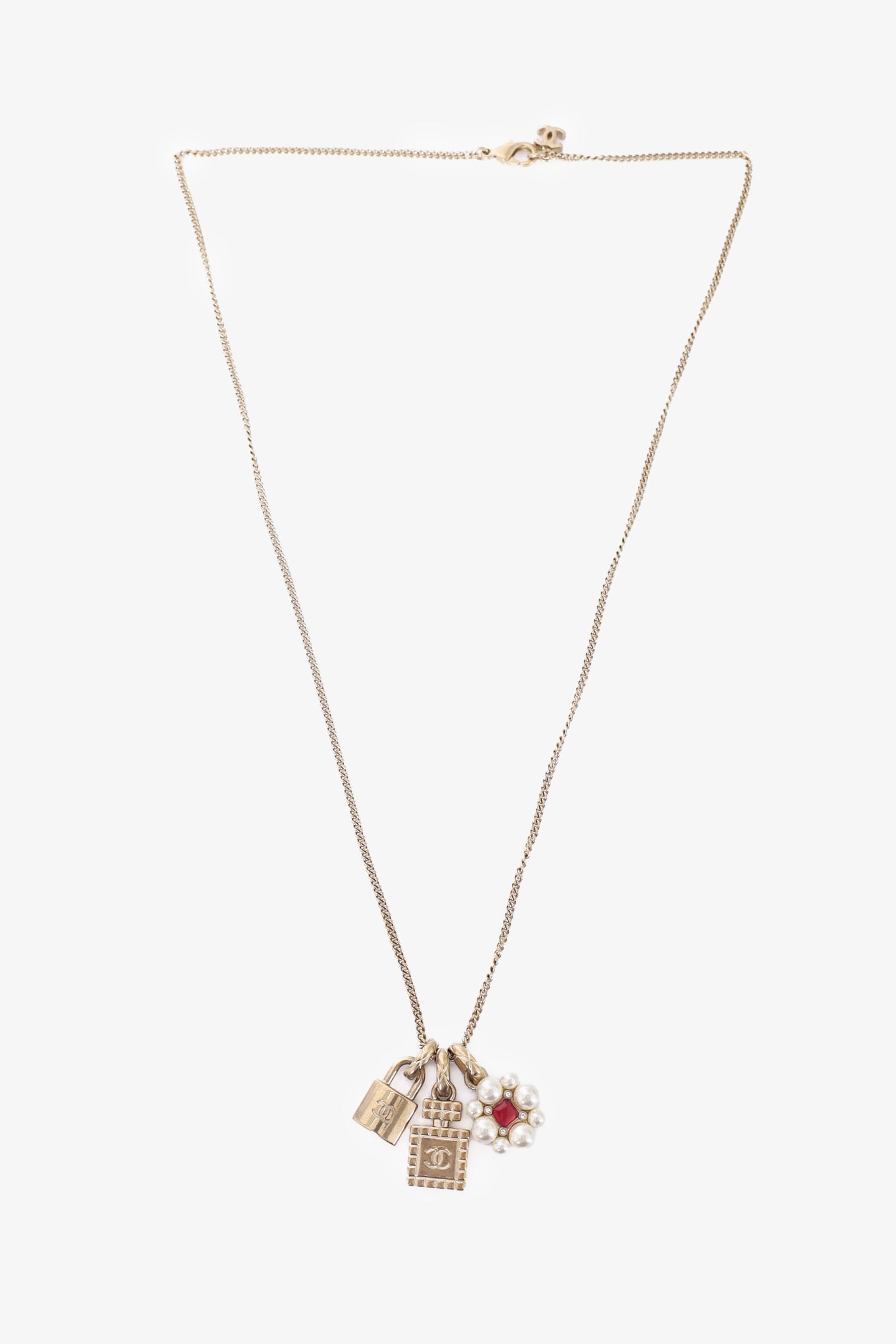 Chanel™ CC Perfume Bottle Padlock Flower Triple Pendant Necklace
