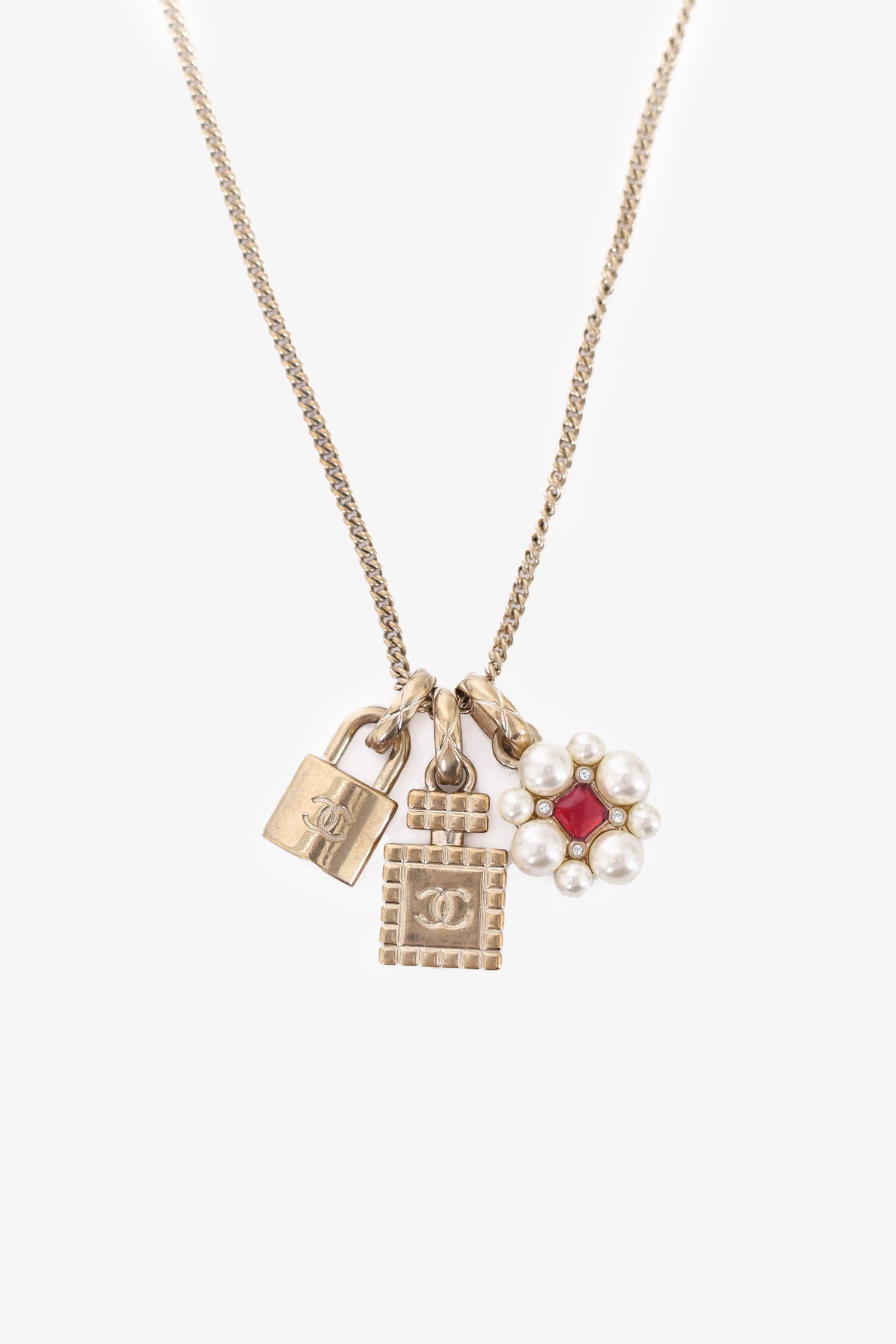 Chanel™ CC Perfume Bottle Padlock Flower Triple Pendant Necklace