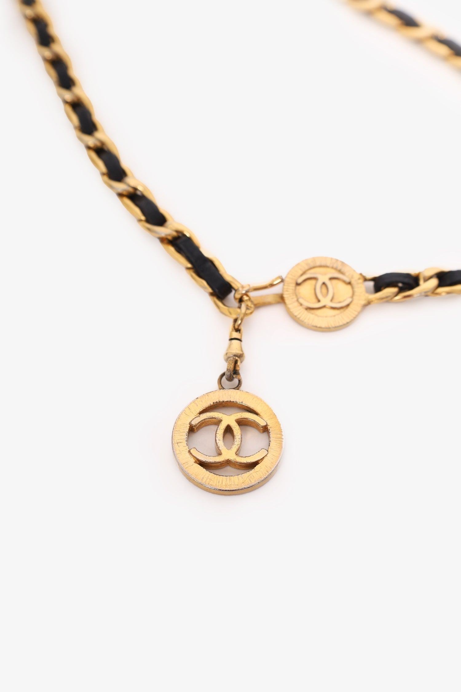 Chanel™ Gold Tone Black Leather Medallion Chain Belt