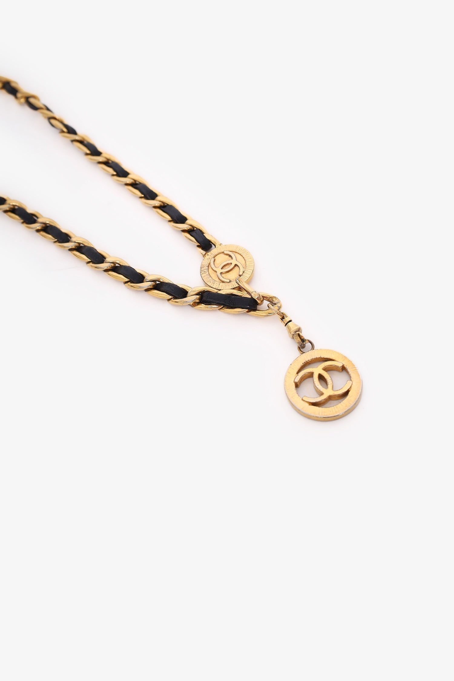 Chanel™ Gold Tone Black Leather Medallion Chain Belt