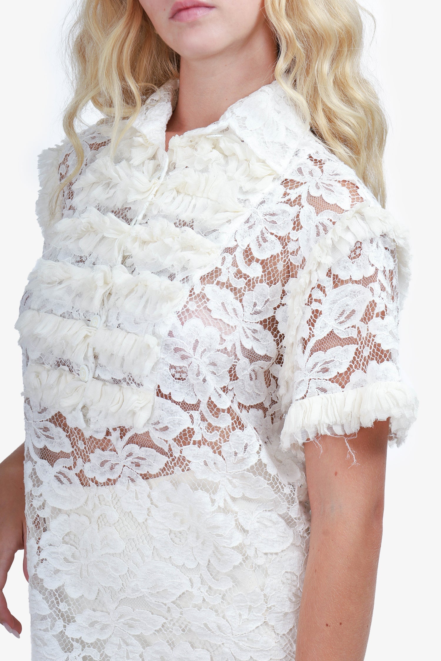 Chanel™ White Lace Ruffle Short-Sleeve Top Size 36