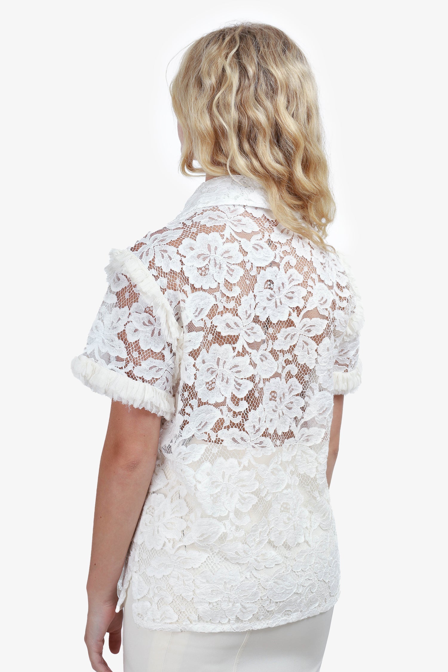 Chanel™ White Lace Ruffle Short-Sleeve Top Size 36