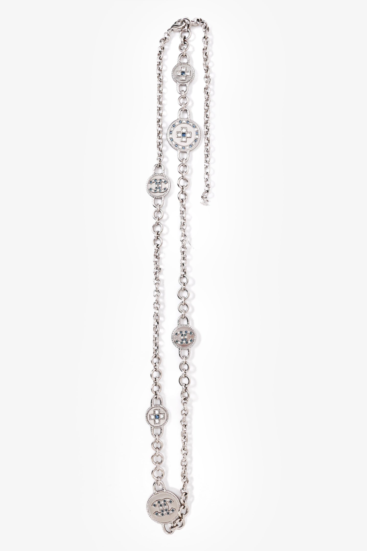 Chanel™ 2016 Silver-Tone Blue Crystal CC Medallion Chain Belt