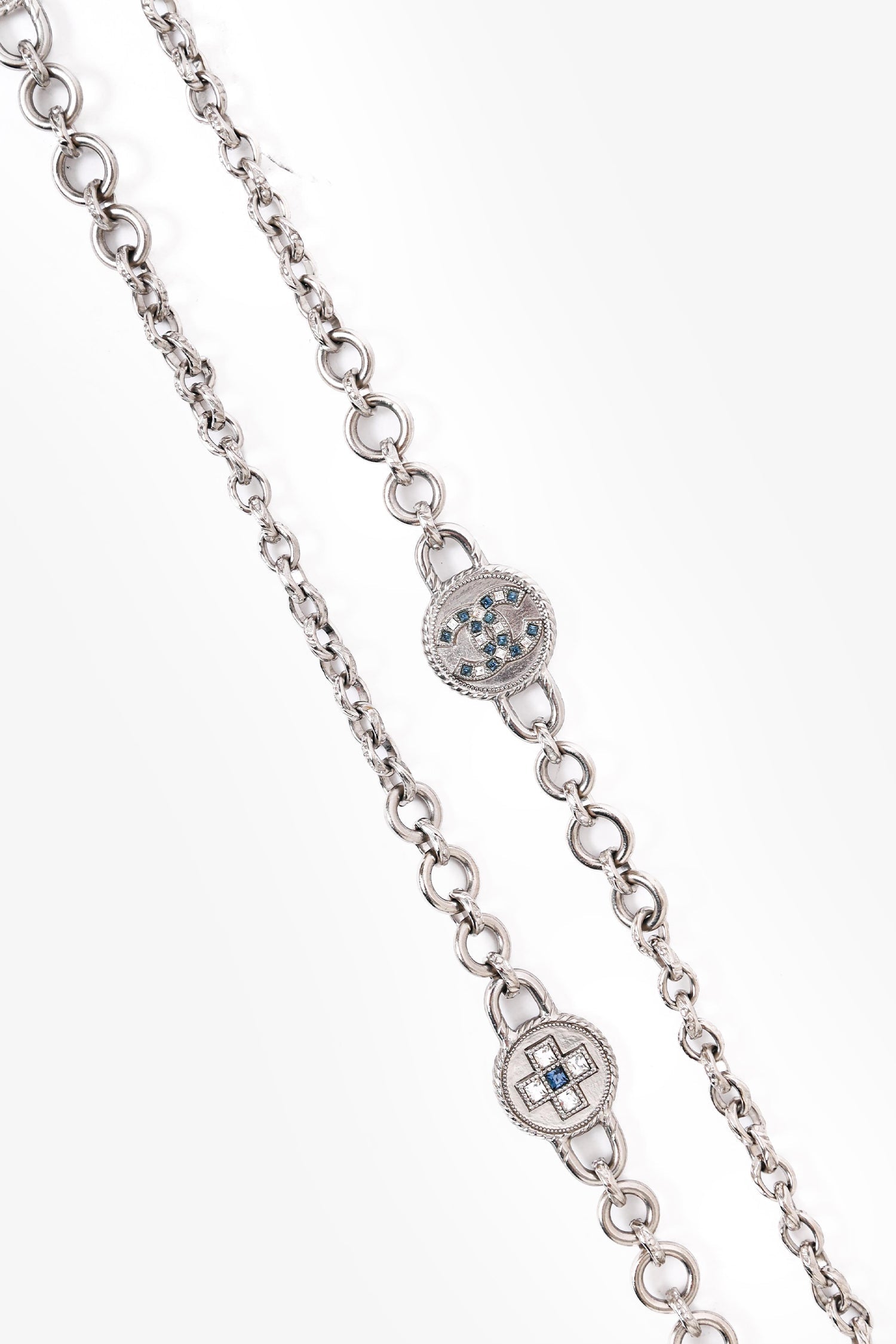 Chanel™ 2016 Silver-Tone Blue Crystal CC Medallion Chain Belt