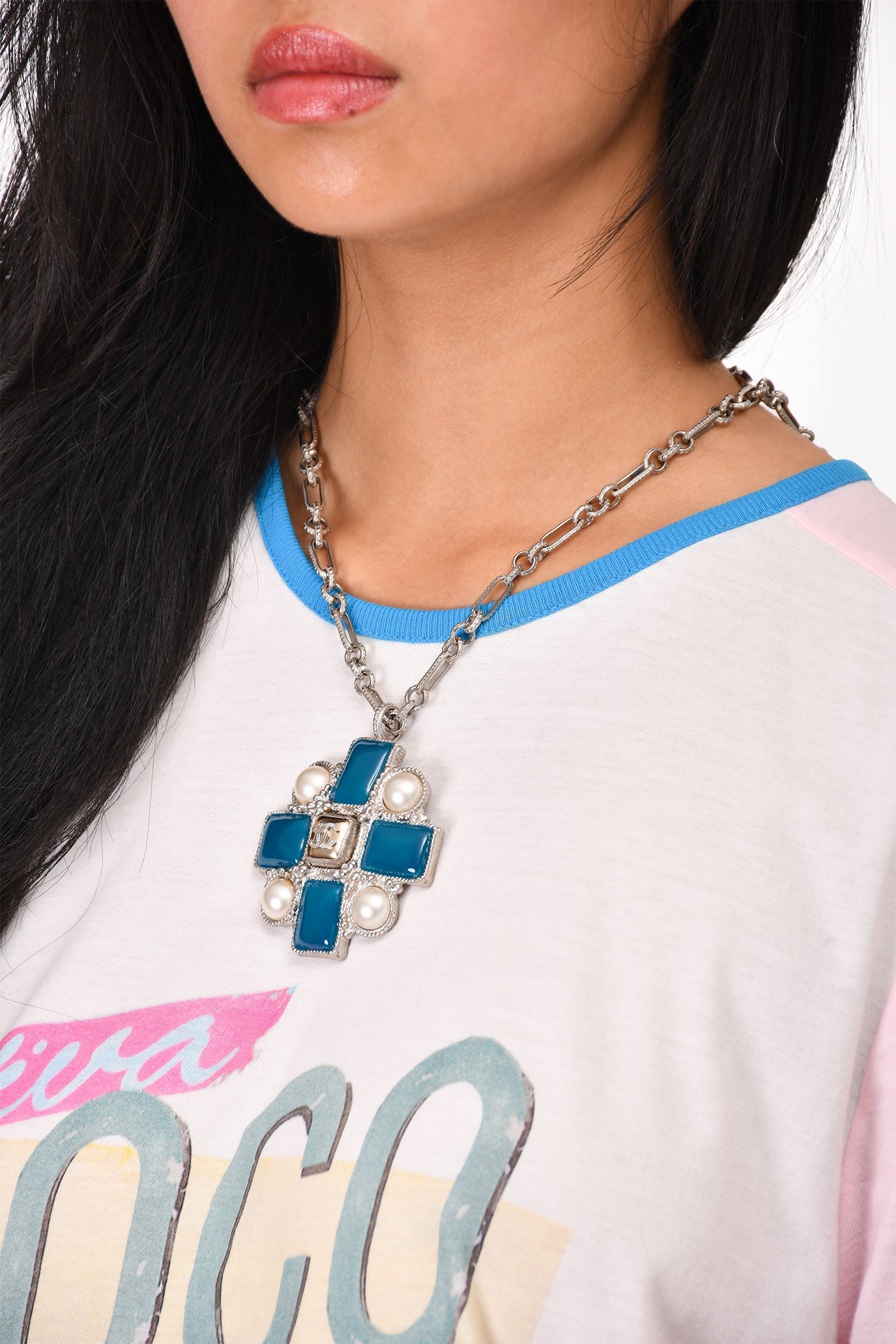 Chanel™ 2013 Silver-Tone Blue Faux Pearl Pendant Necklace