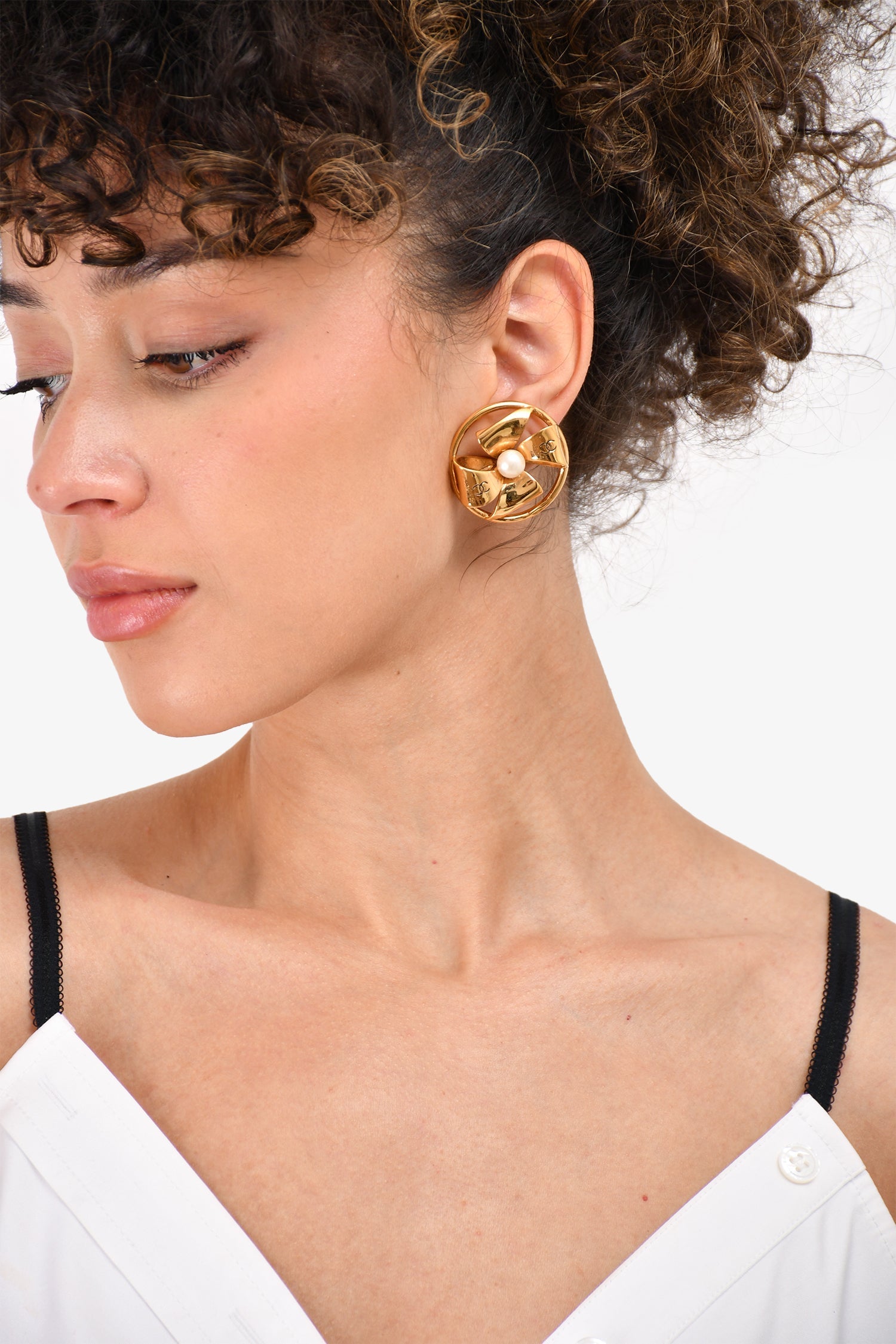Chanel™ Gold Tone CC Pinwheel Pearl Clip-On Earrings