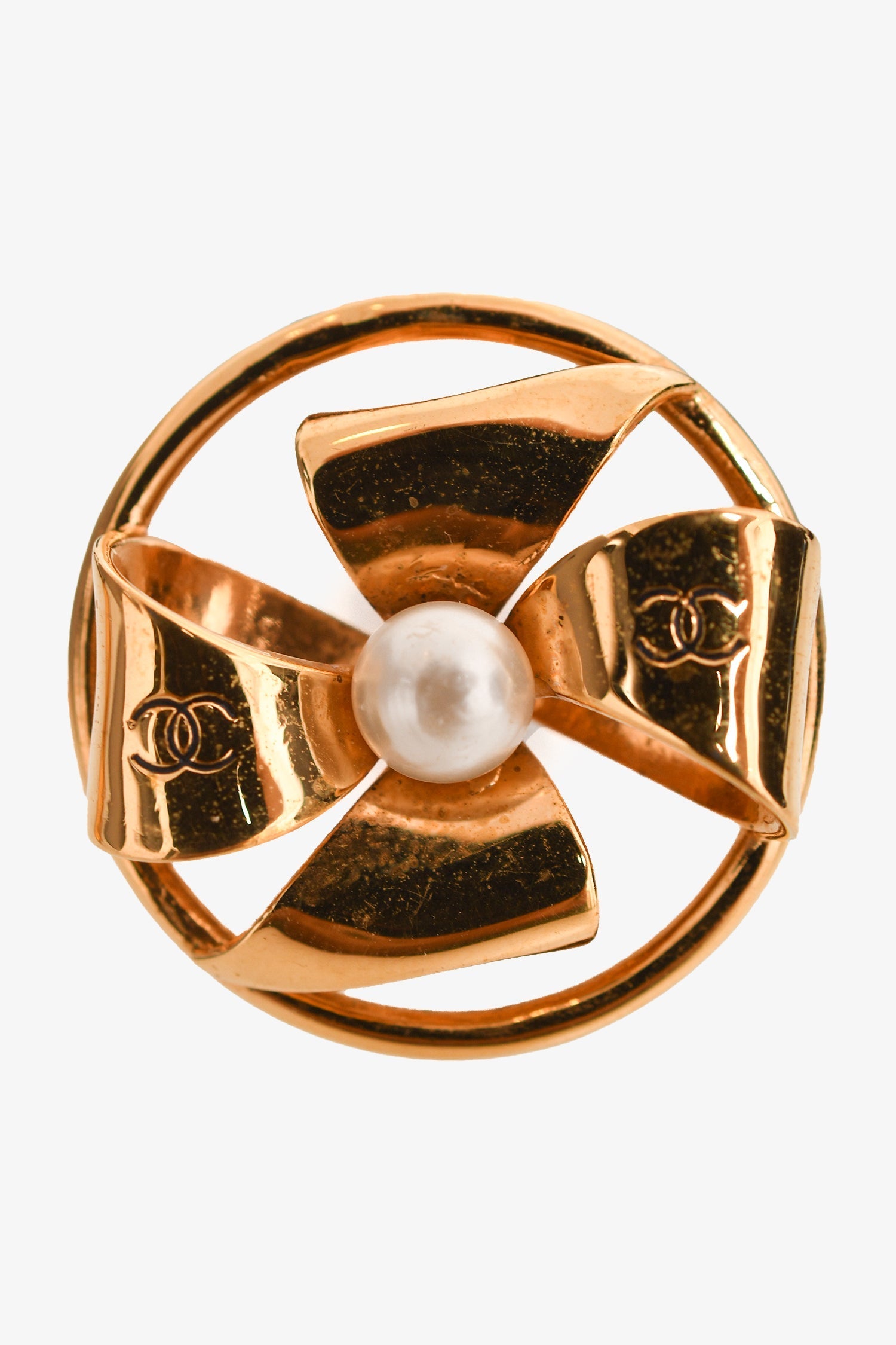 Chanel™ Gold Tone CC Pinwheel Pearl Clip-On Earrings