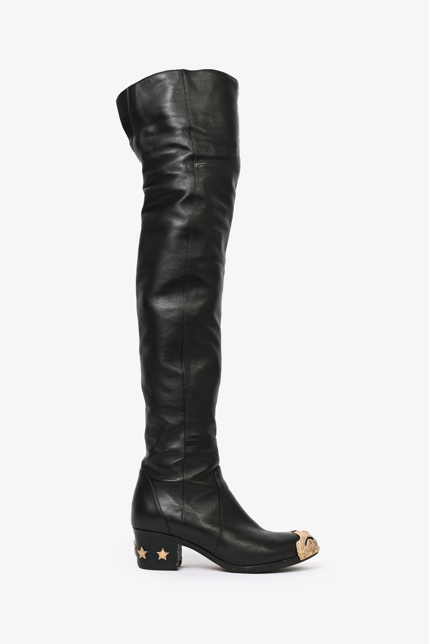 Chanel™ Black Leather Over the Knee 'Dallas' Gold Cap Toe Boots Size 36.5